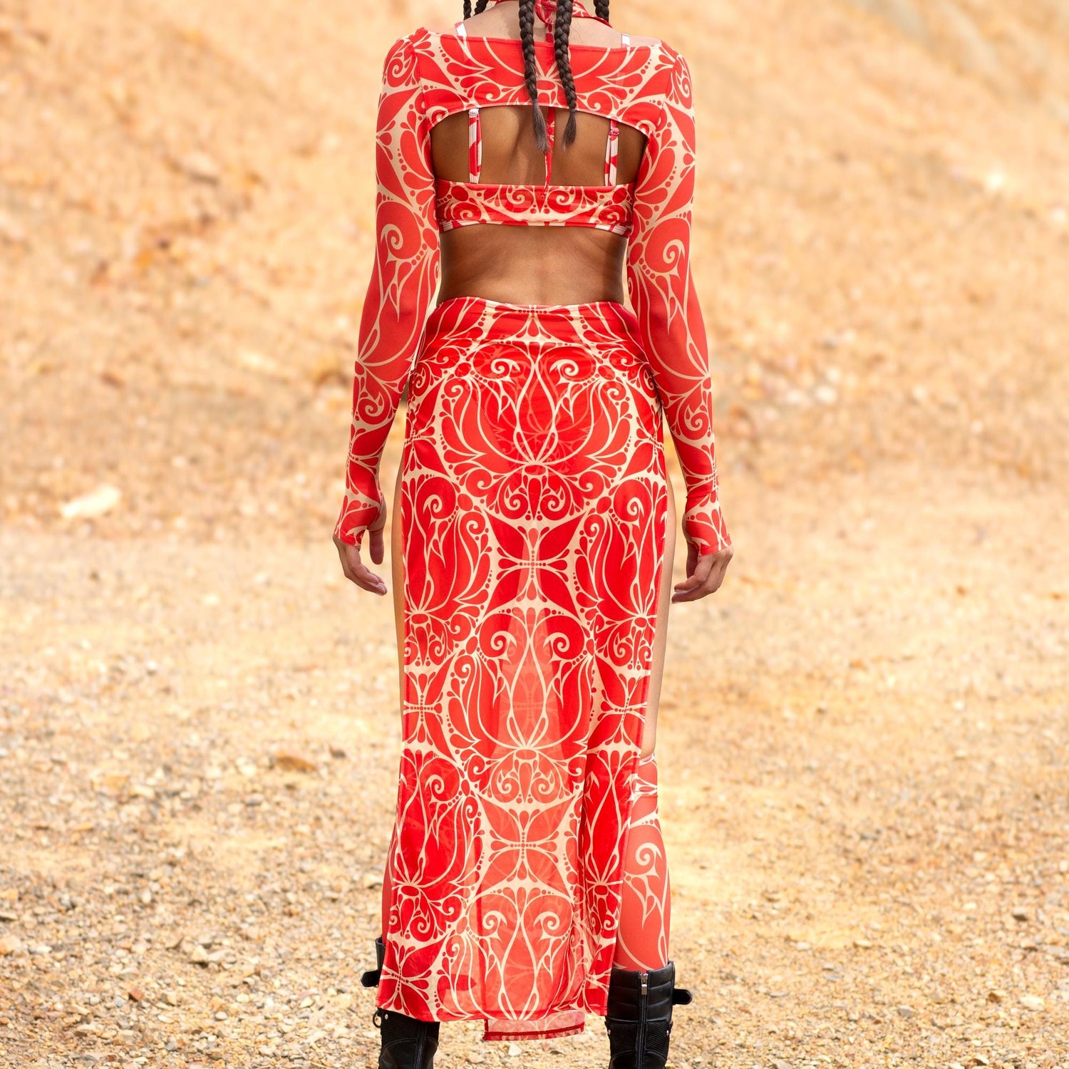 Dreamless Crimson High Slit Dress Set Festival