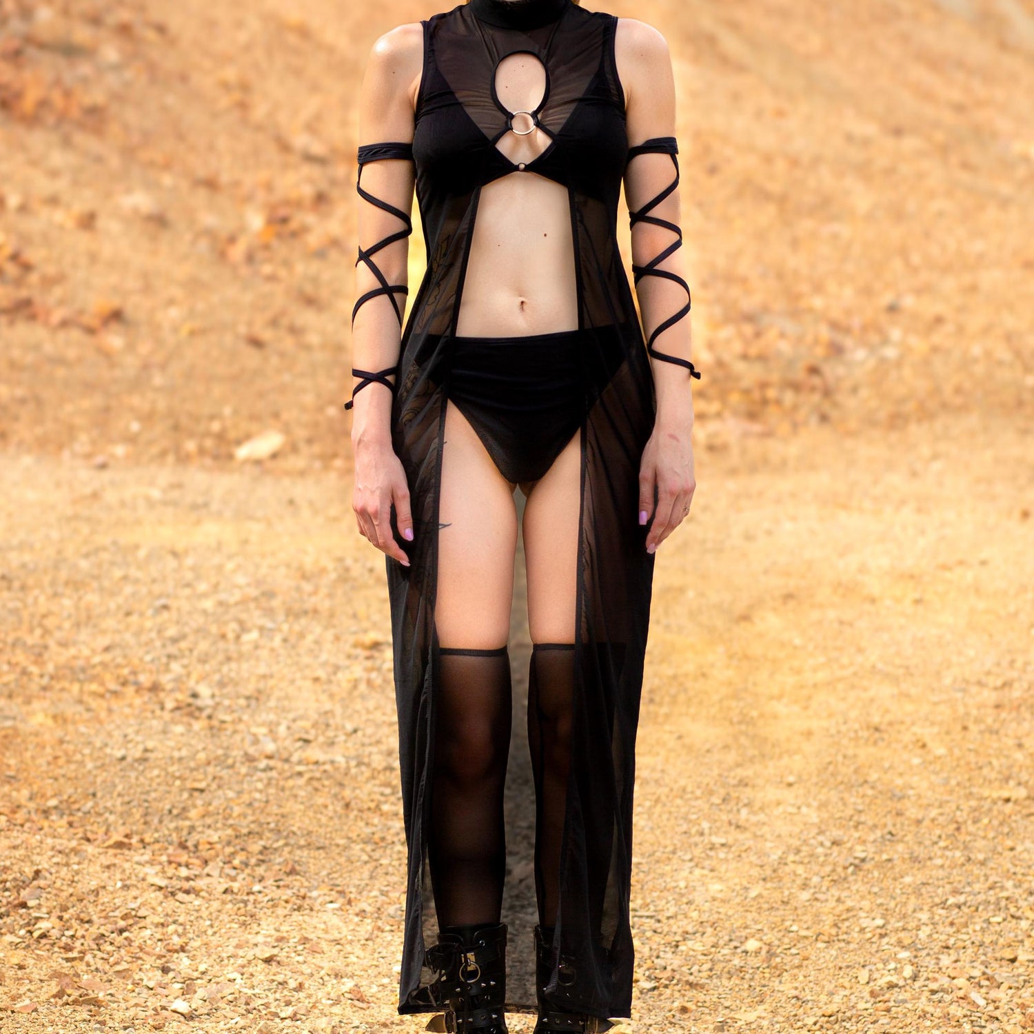 Just Black Mesh Open Front Dress Black