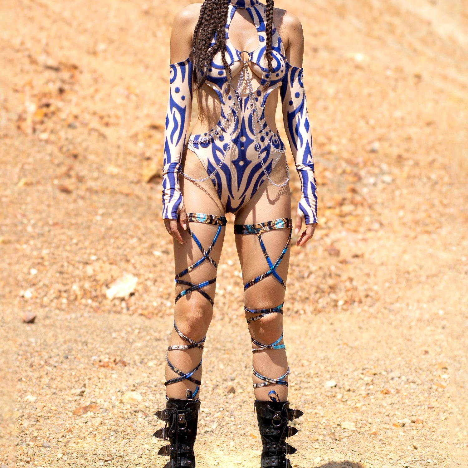 Oculus Navy Cutout Chain Bodysuit Set Blue
