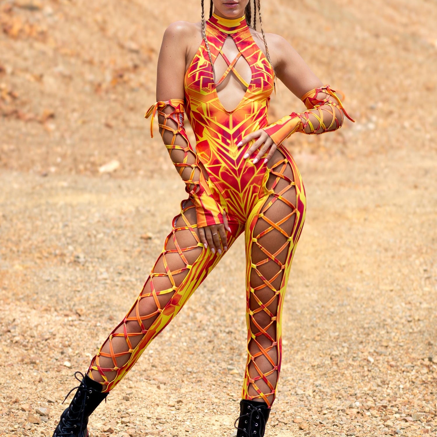 Fury Node Flame Criss-Cross Jumpsuit Set Lycra