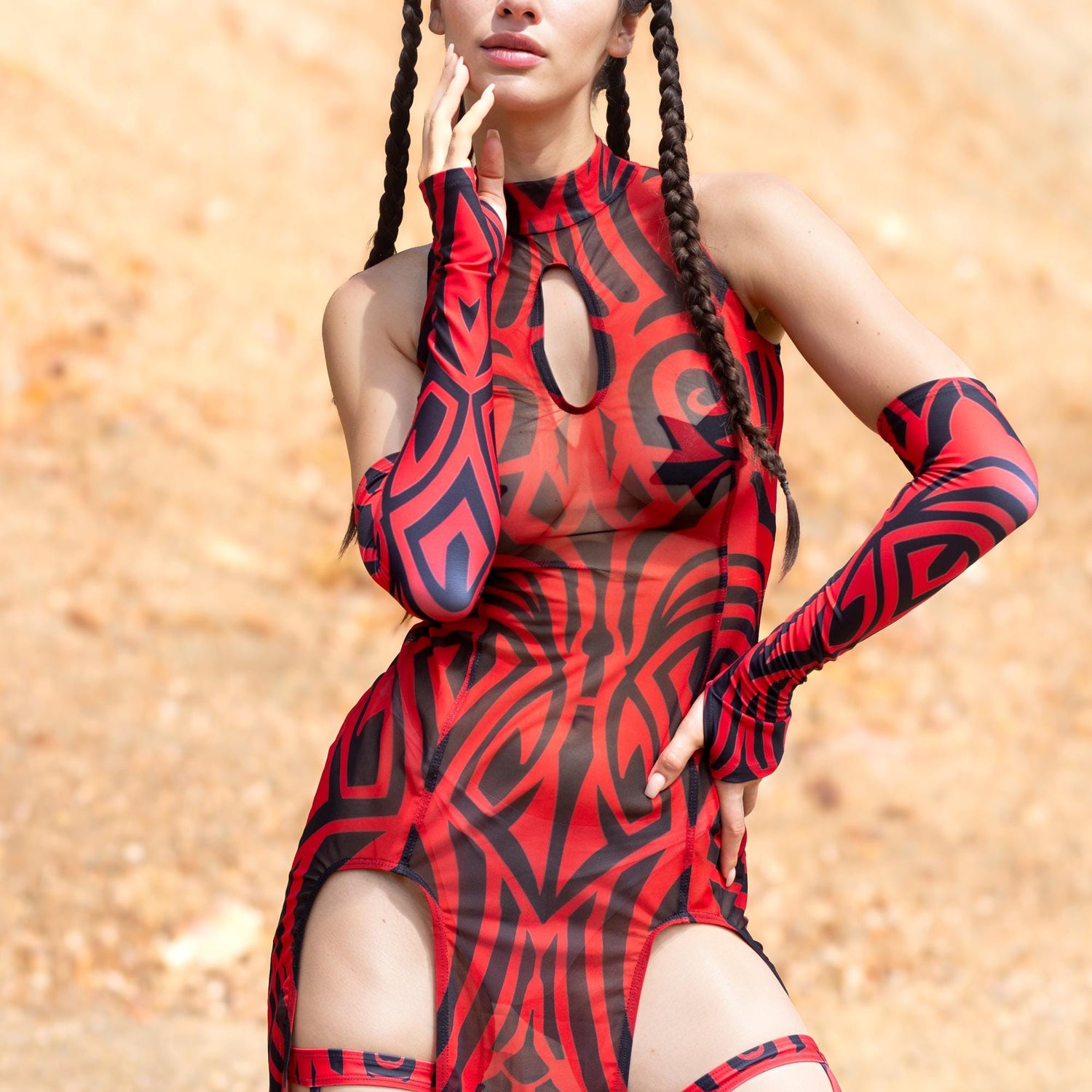 Hexed Keyhole Dress Set Lycra, Mesh