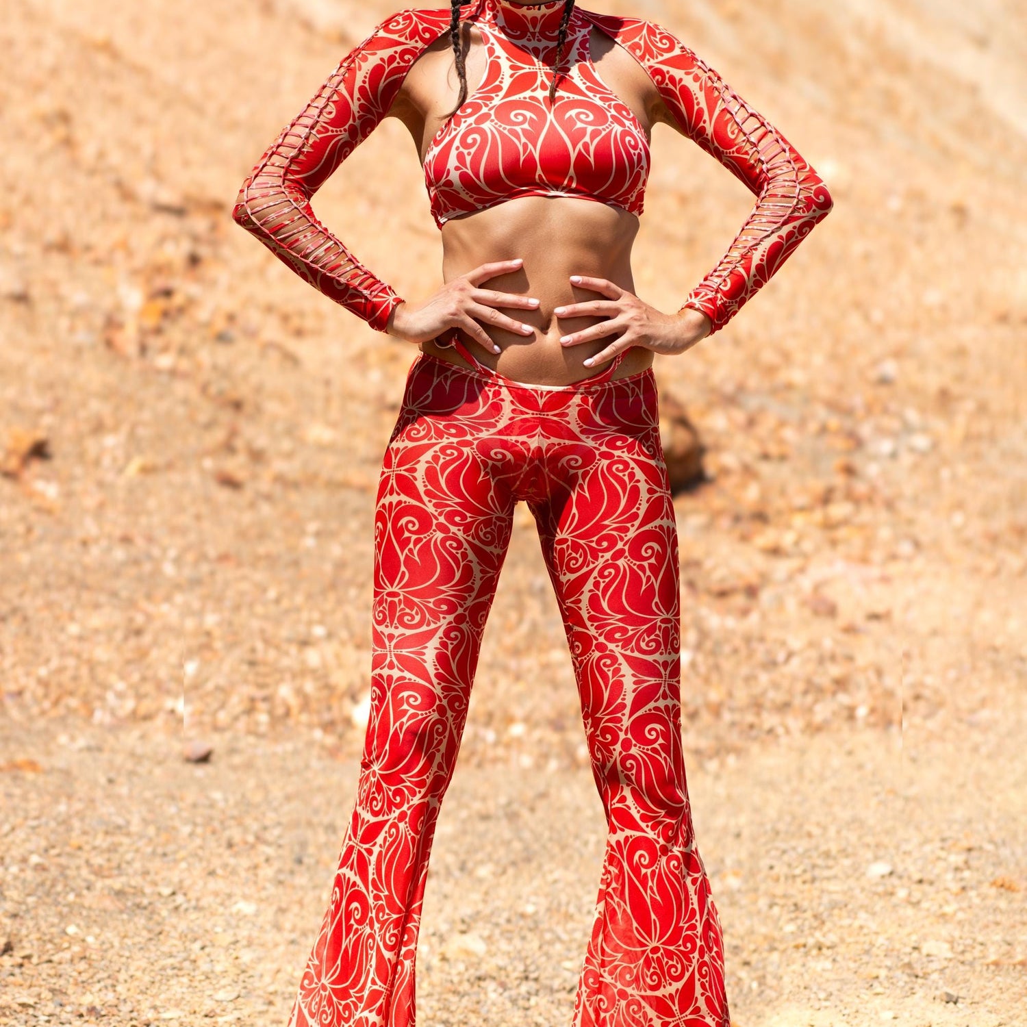 Dreamless Crimson Mesh Low Rise Pants Lycra, Mesh