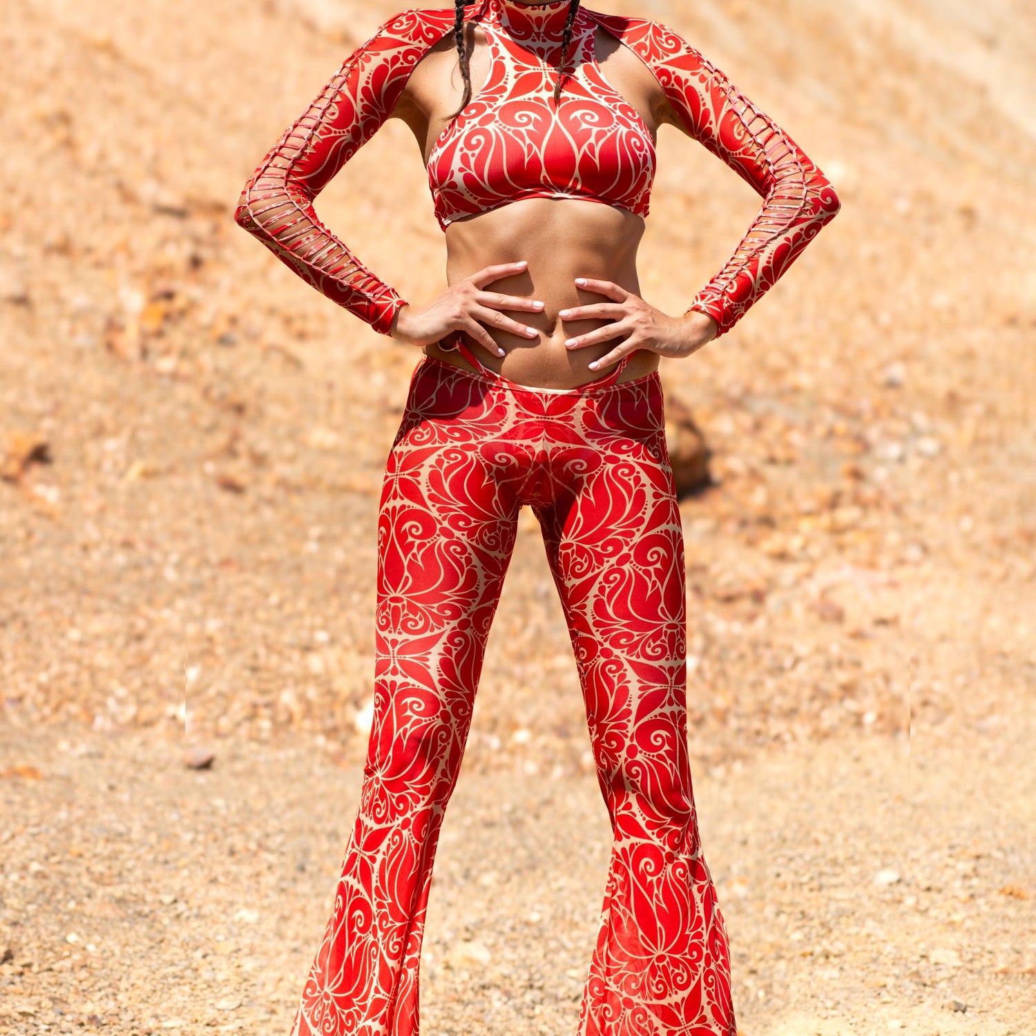Dreamless Crimson Slit Weave Top Lycra, Mesh