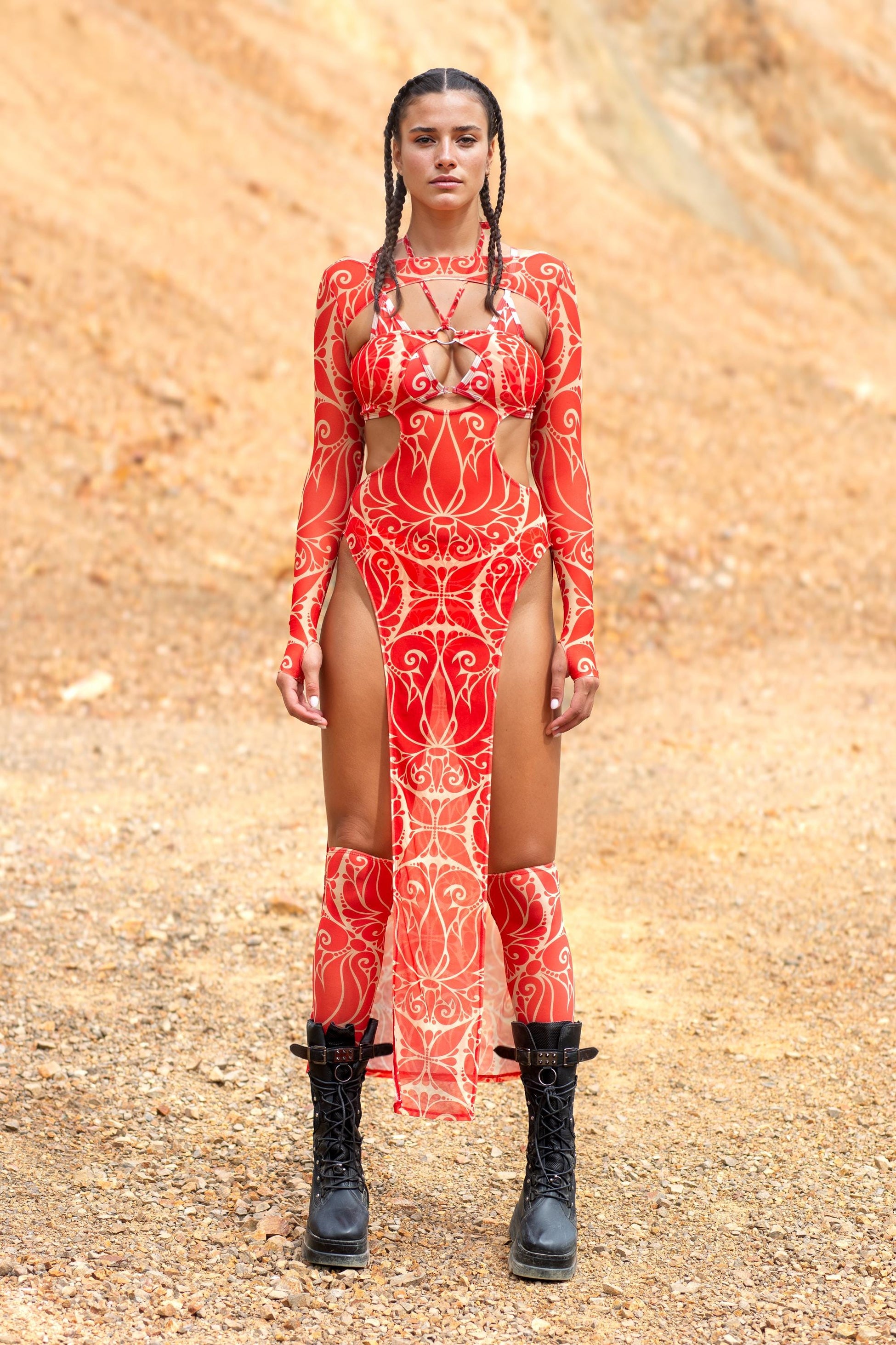 Dreamless Crimson High Slit Dress Set 2