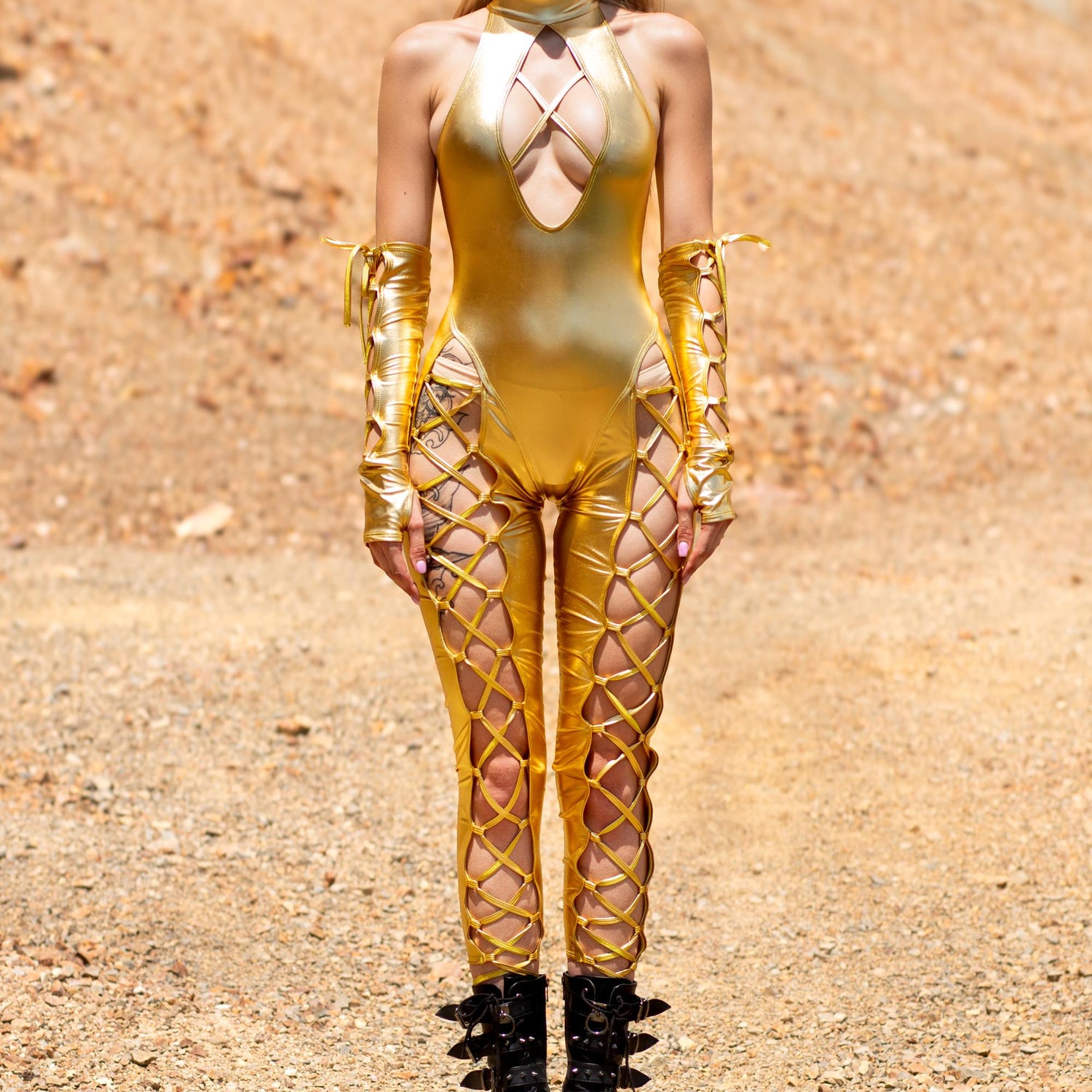 Metallic Gold Criss-Cross Jumpsuit Set Gold