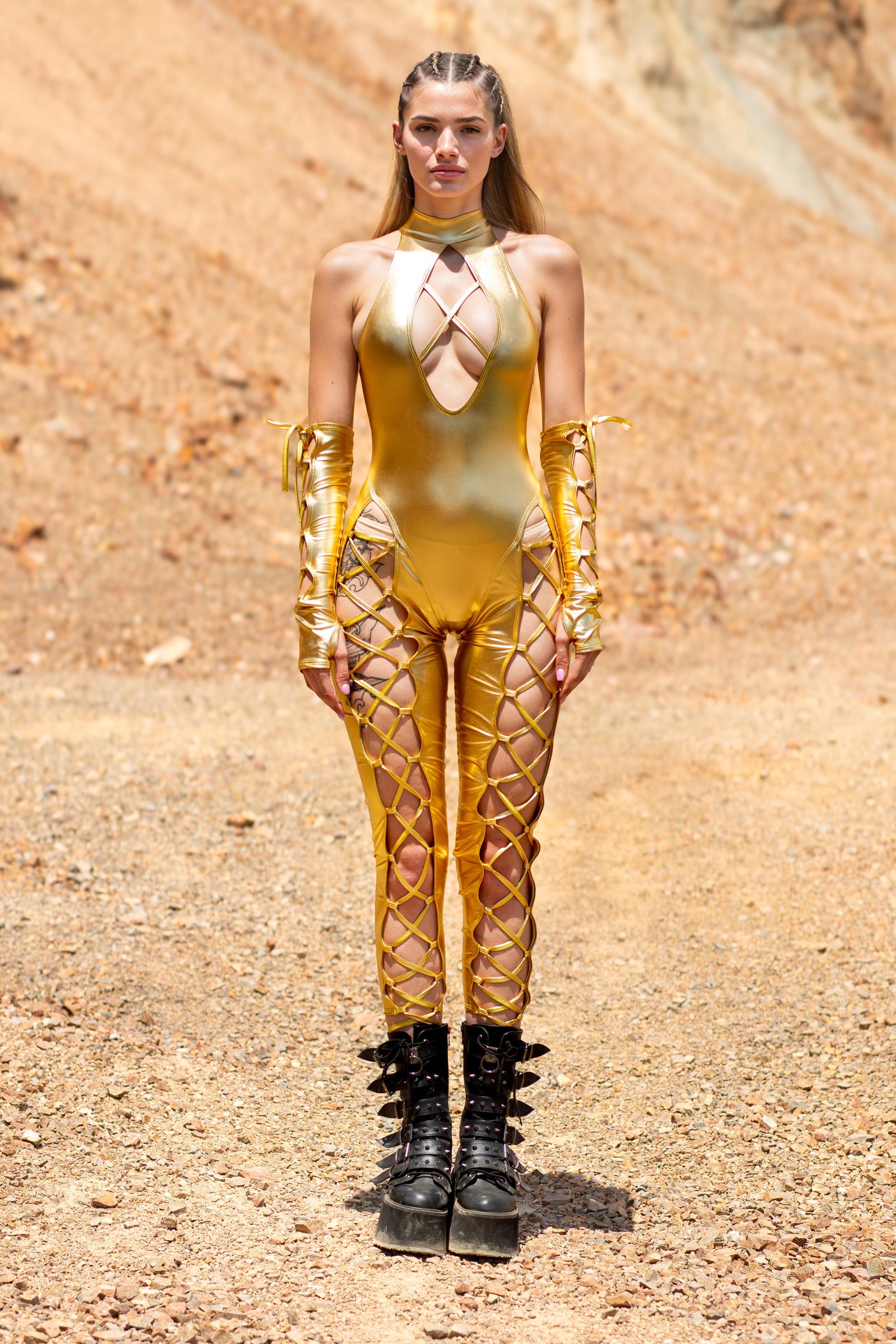 Metallic Gold Criss-Cross Jumpsuit Set 2