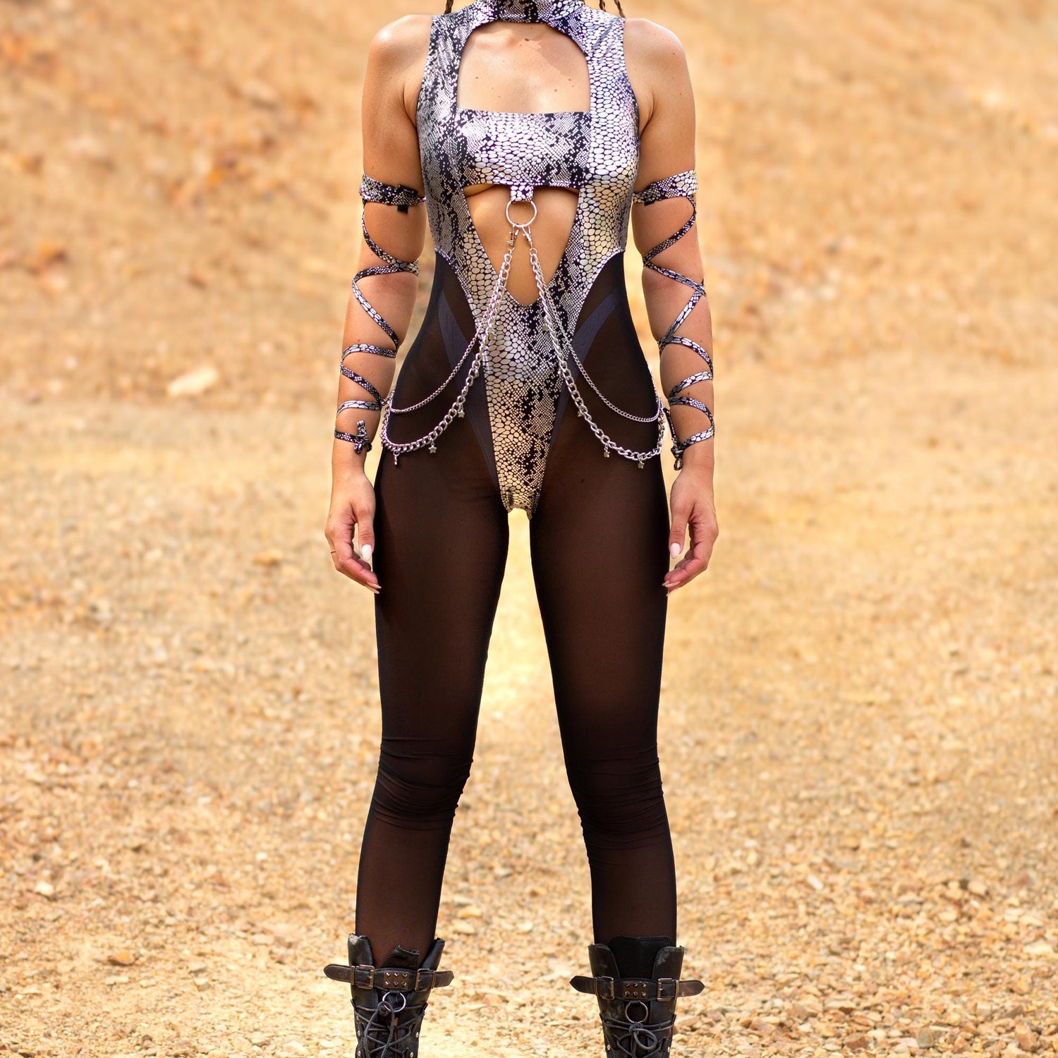 Silver Reptile Open-Heart Bodysuit Set Black, Silver
