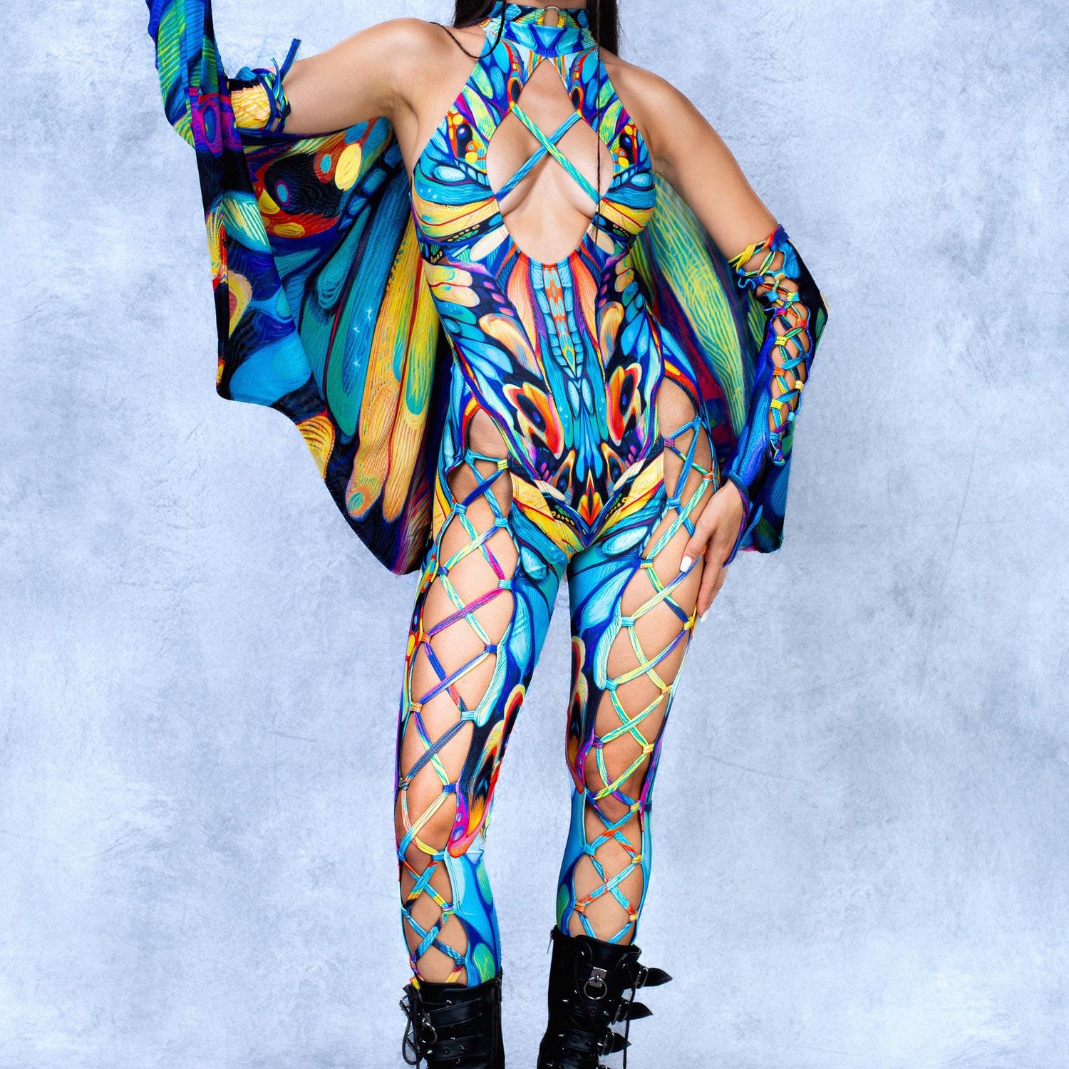 Eyes of Time Fairy Front Cross Jumpsuit Lycra, Mesh