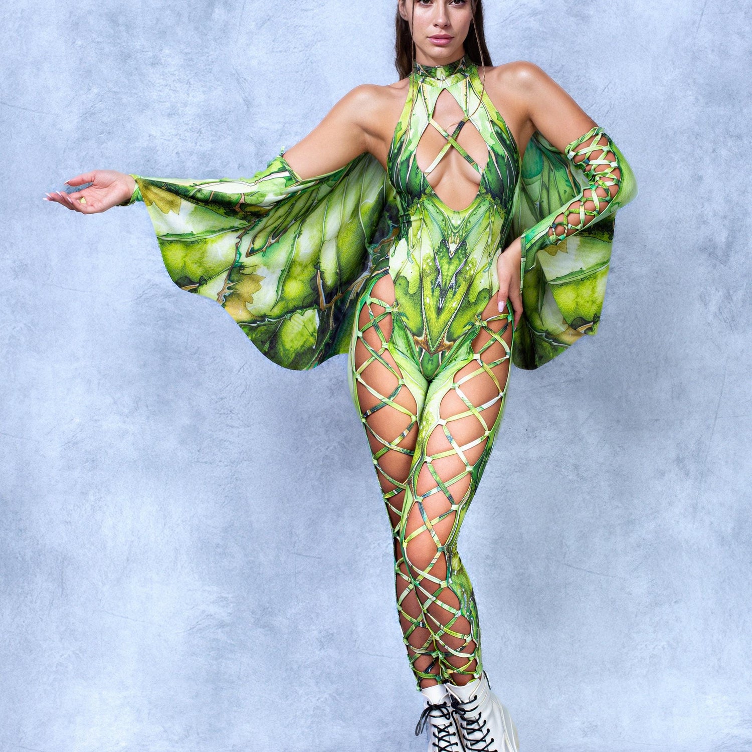Fairy Aura Emerald Criss-Cross Jumpsuit Lycra, Mesh