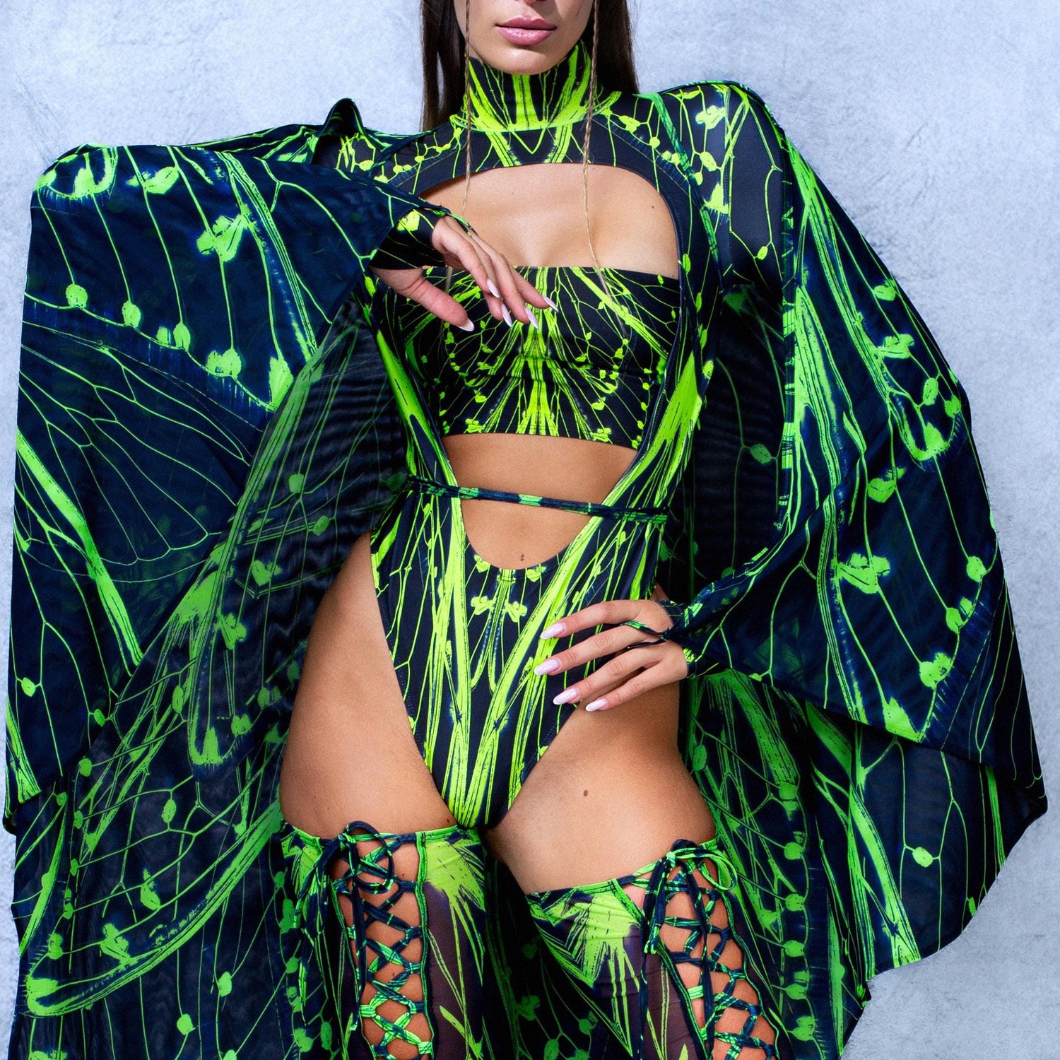 Women Cyber Birdsong Green Open-Heart Leotard