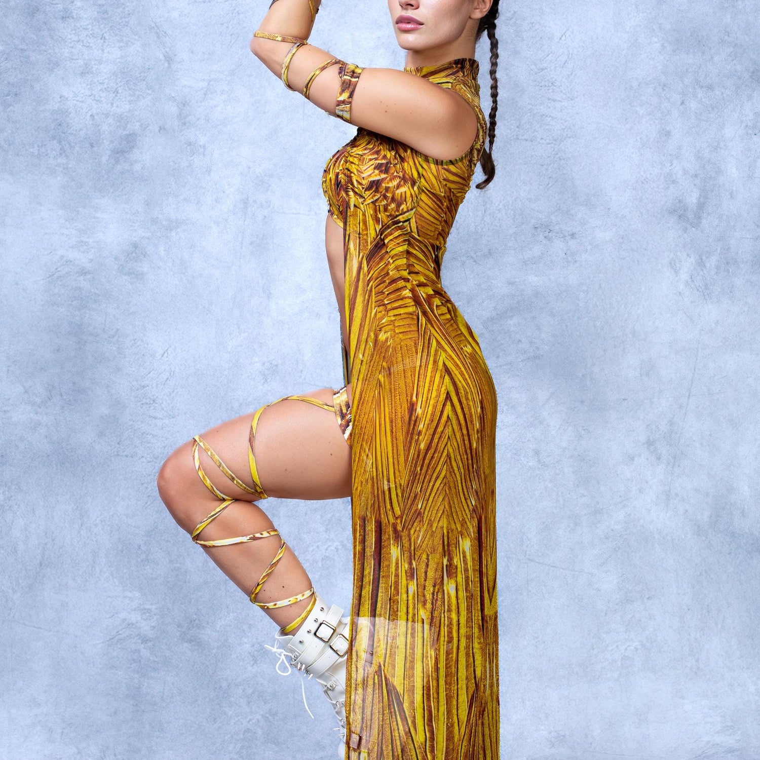 Gilded Paradise Mesh Open Front Dress Gold