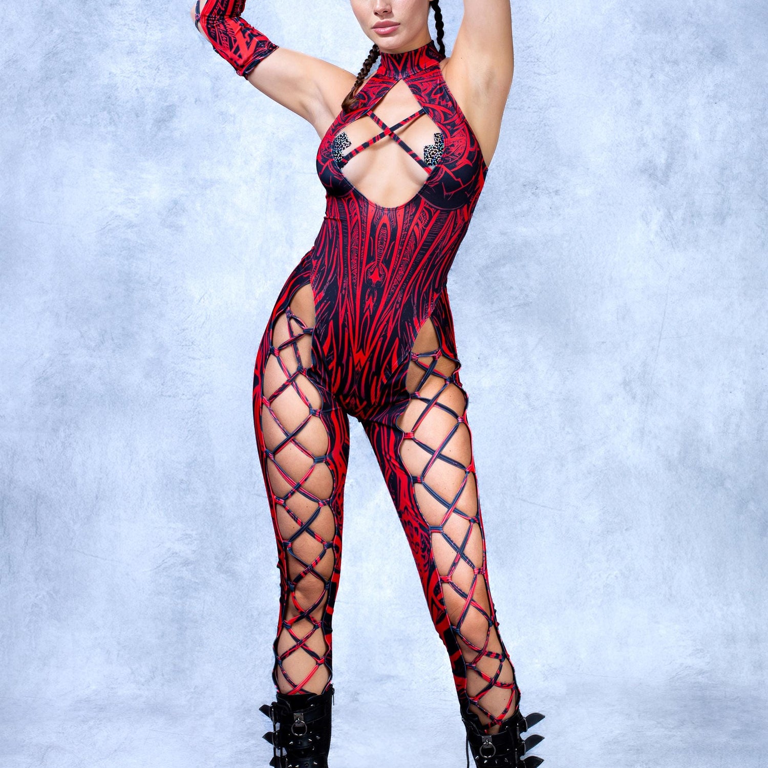 Unholy Red Criss-Cross Jumpsuit Set Lycra