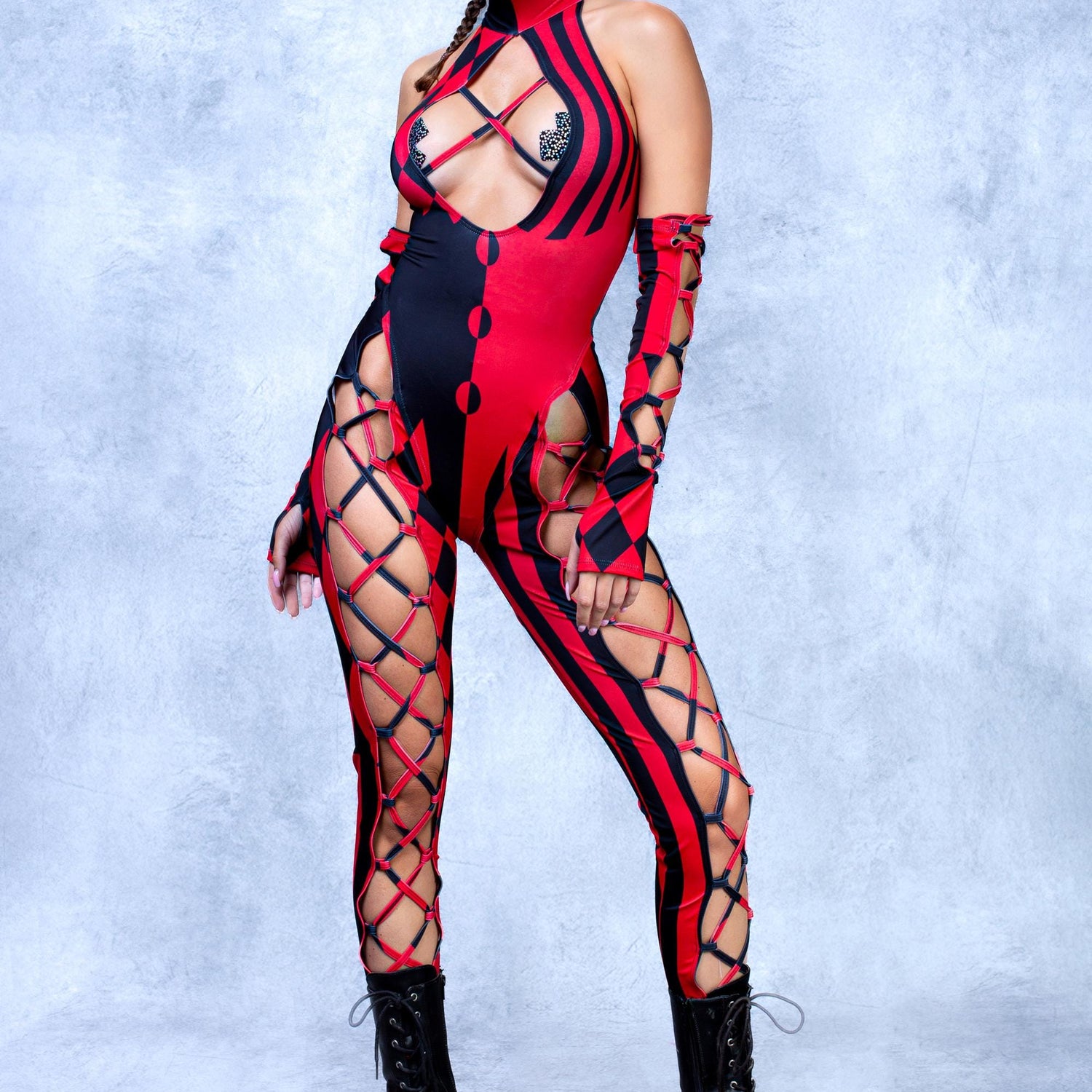She's Crazy Red Crown Criss-Cross Jumpsuit Set Lycra