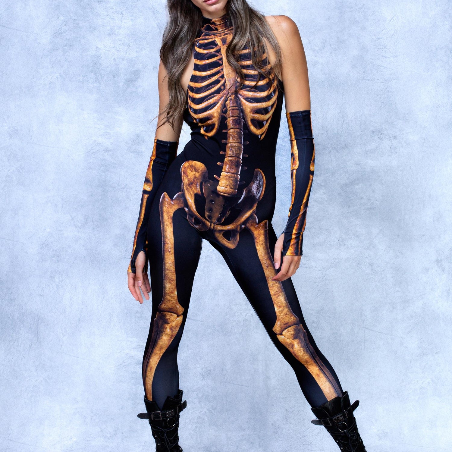 Dirty Skeleton Bare Back Catsuit Black, Yellow