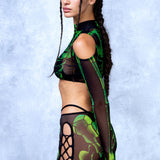 Halftone Skeleton Green Mesh Cold Shoulder Top