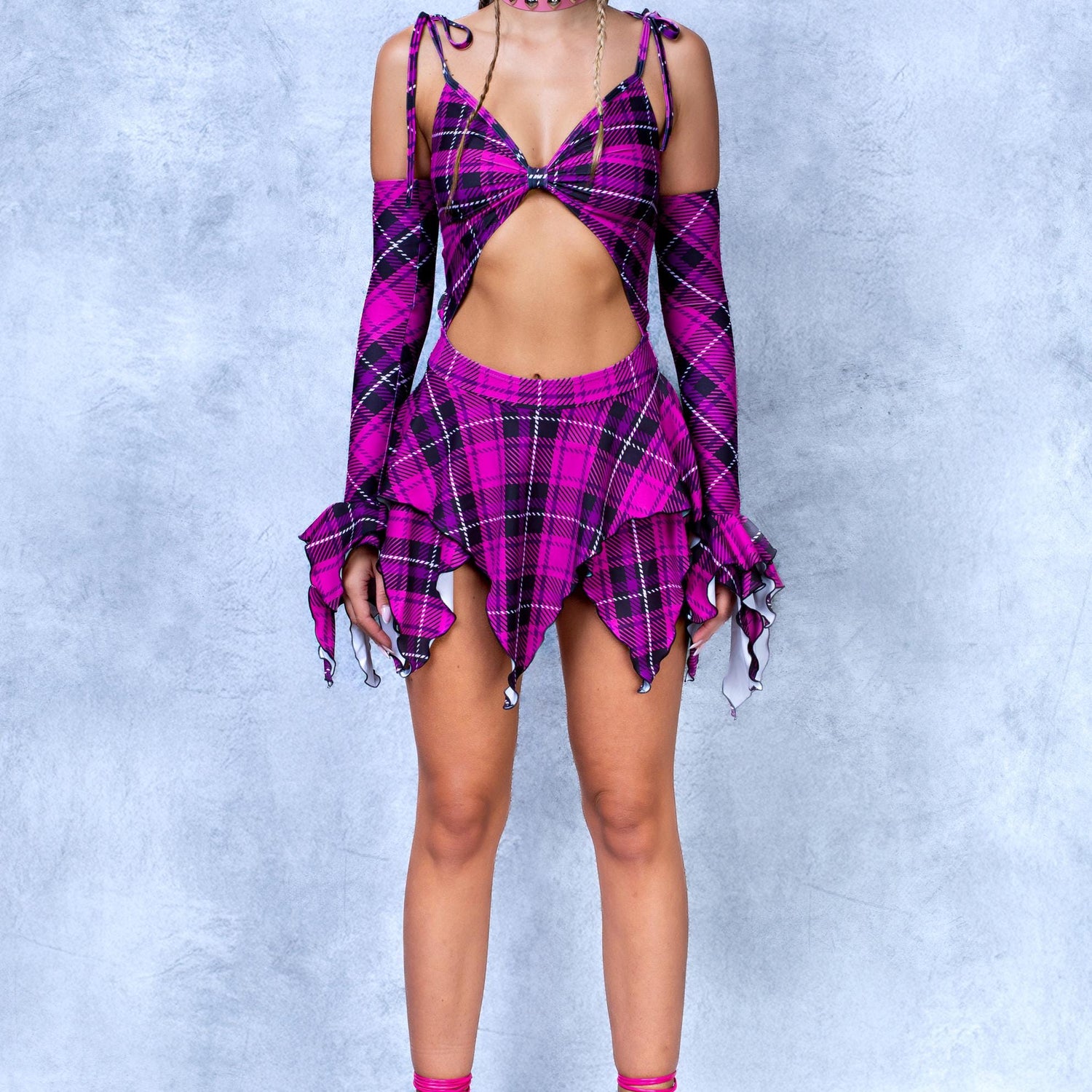 Back 2 School Velvet Ruffled Cutout Dress Purple