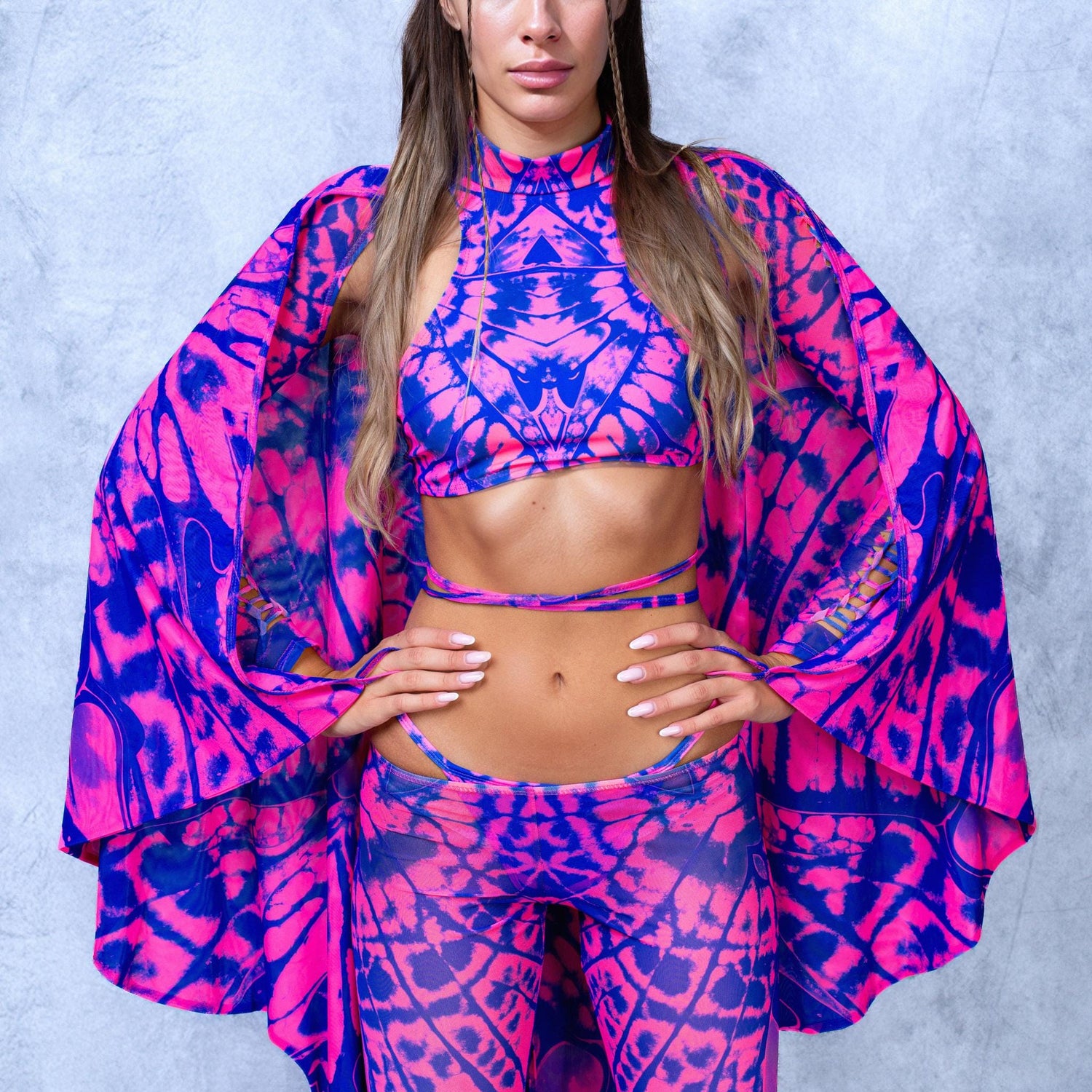 Caleidoscope Magenta Fairy Slit Weave Winged Set Lycra, Mesh, UV Reactive