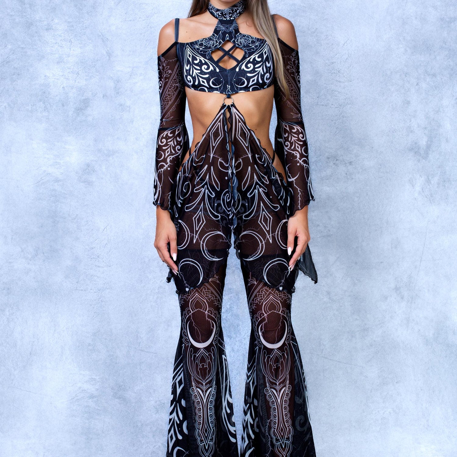 Soul Malediction Choker Bellsleeve Top Black, White