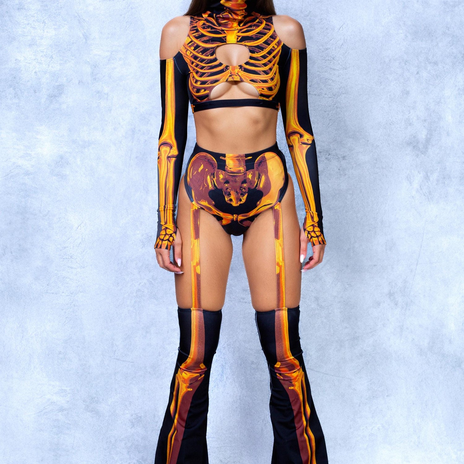 Shifty Skeleton Gold Cold Shoulder Set Black, Orange