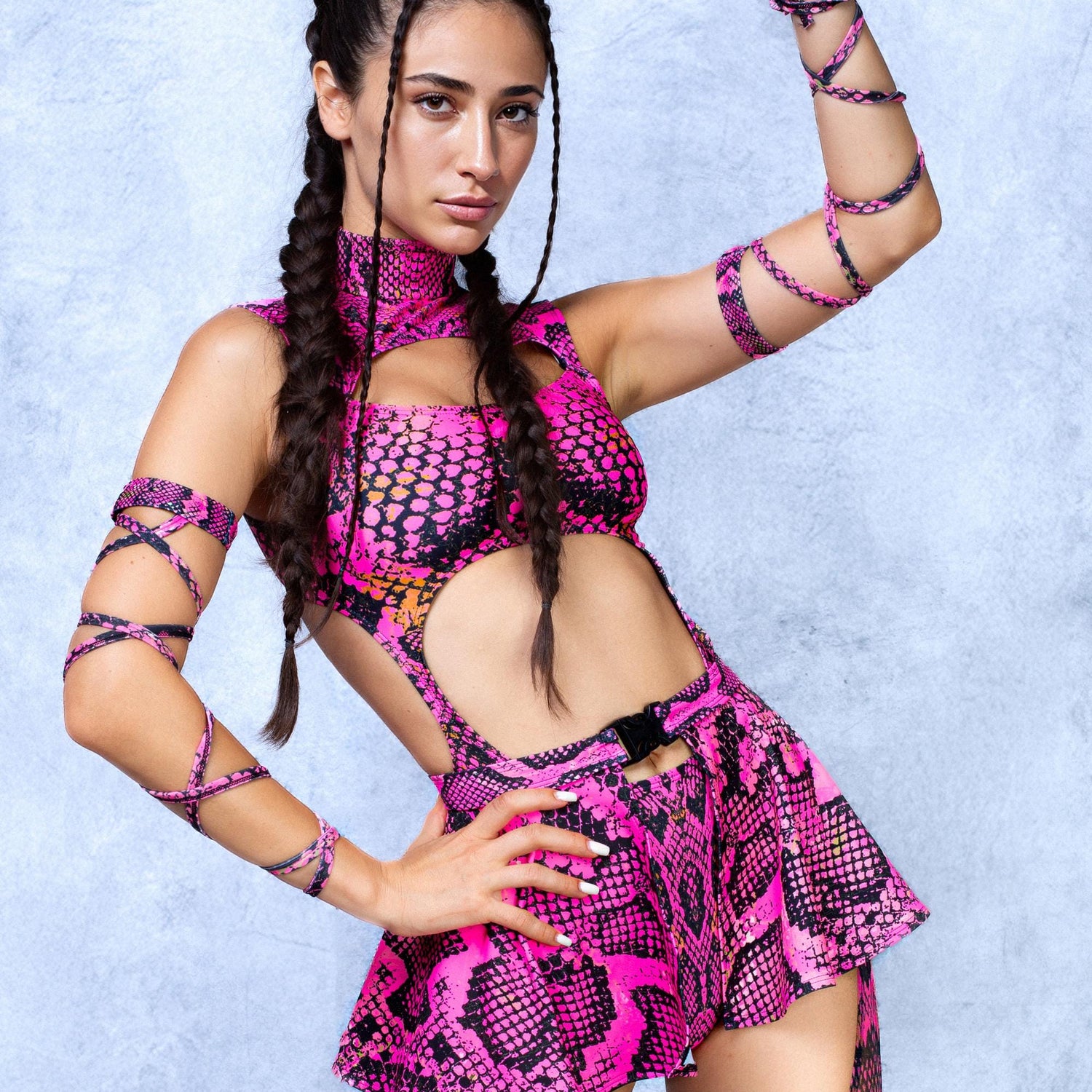 Poisonous Pink Chaps Leotard Wraps Set Lycra, Mesh, UV Reactive
