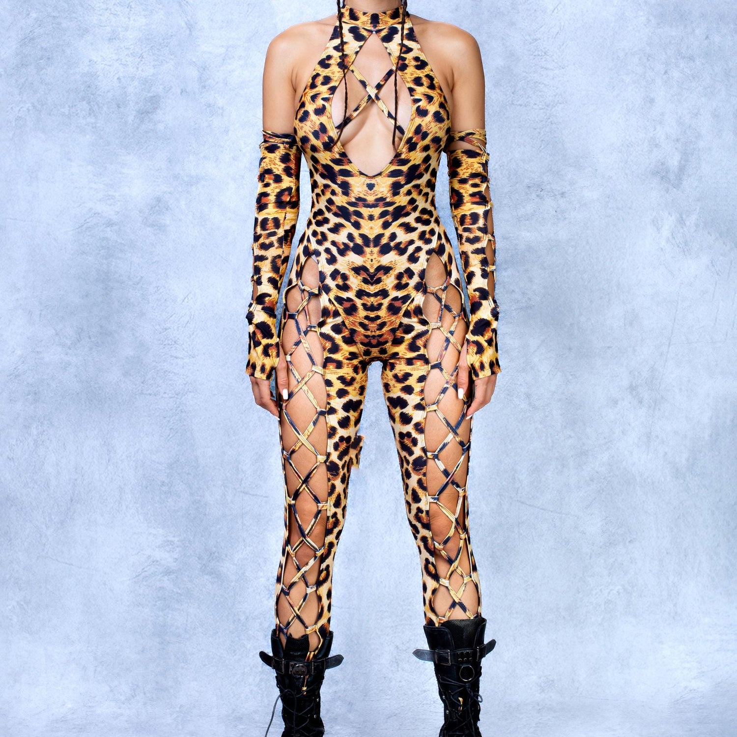 Cheetah Criss-Cross Jumpsuit Set Black, Yellow