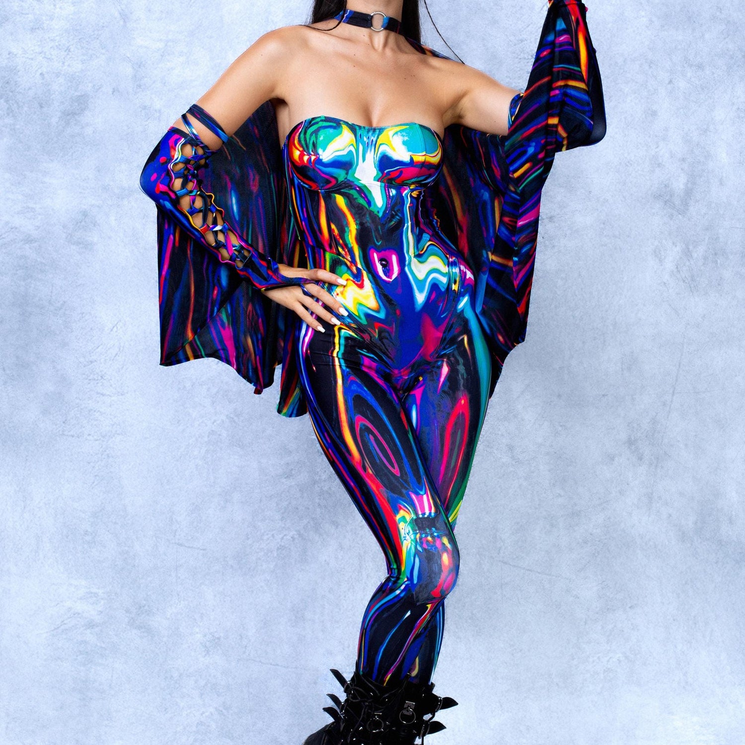 Cyber Chrome Delight Strapless Romper Lycra, Mesh