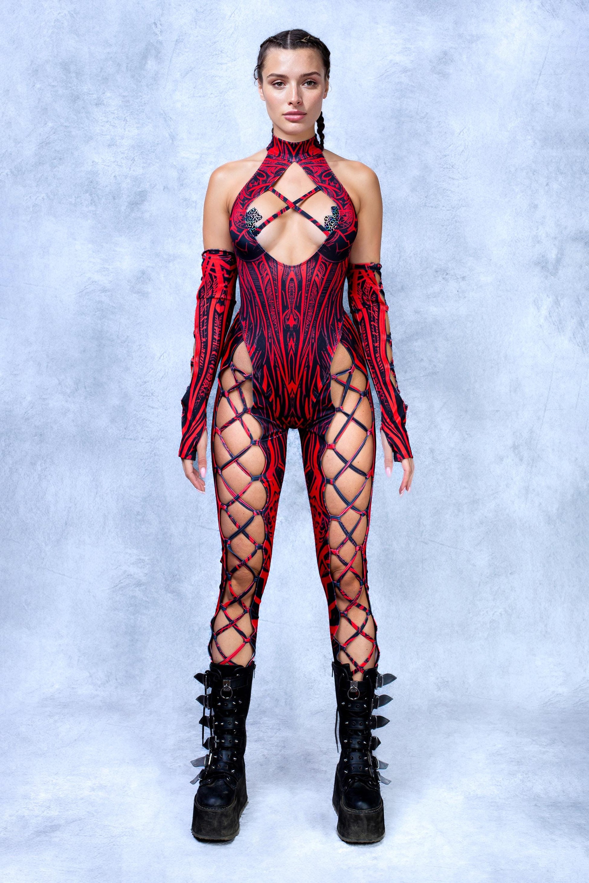 Unholy Red Criss-Cross Jumpsuit Set 2