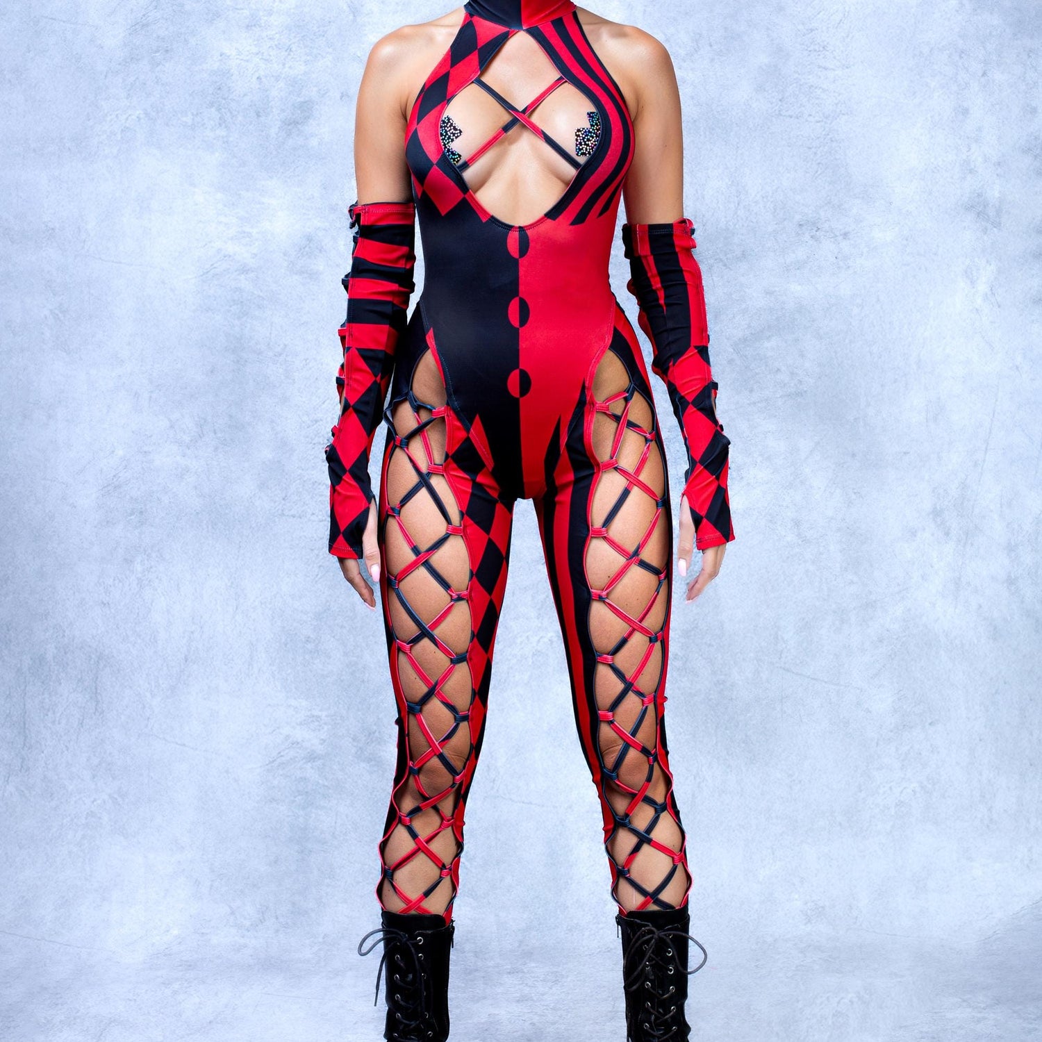 She's Crazy Red Crown Criss-Cross Jumpsuit Set Black, Red
