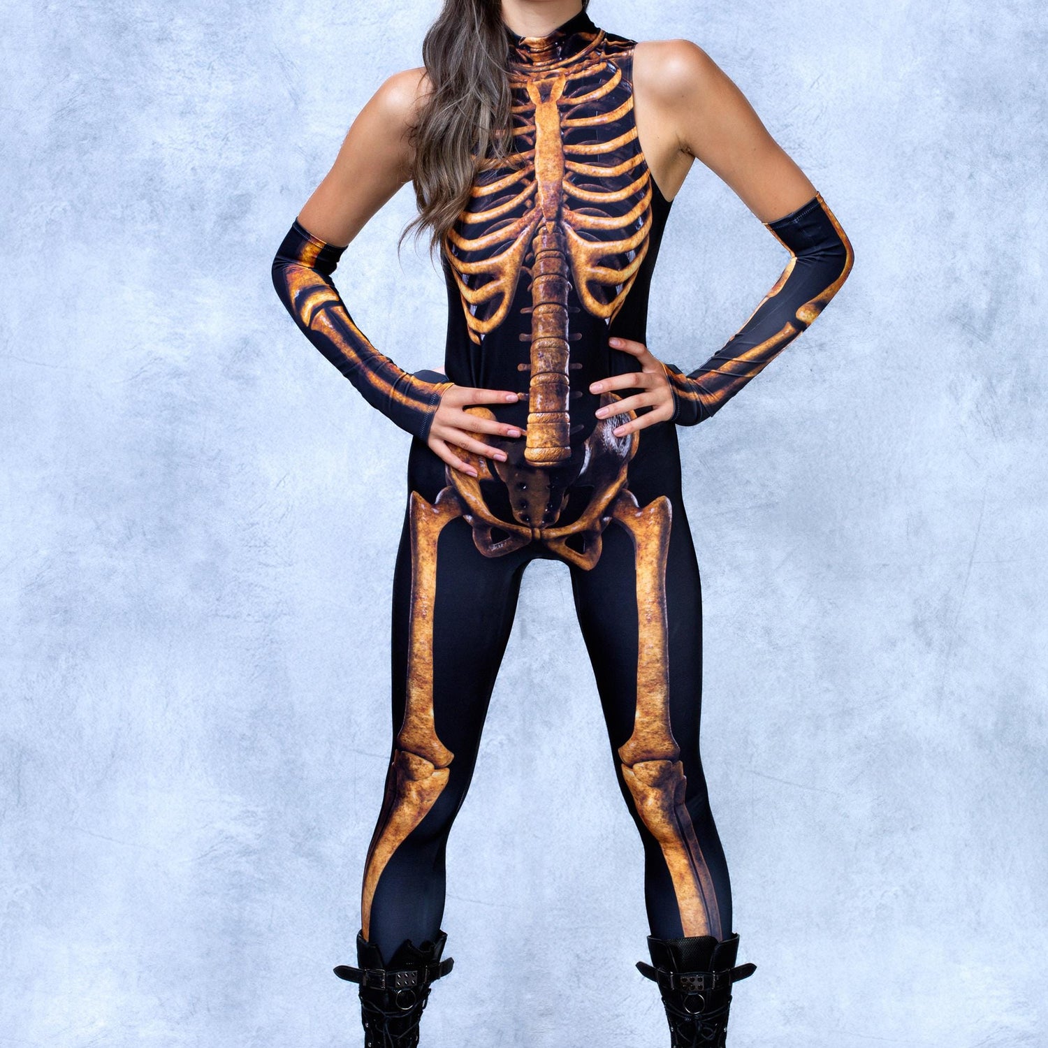 Women Dirty Skeleton Bare Back Catsuit