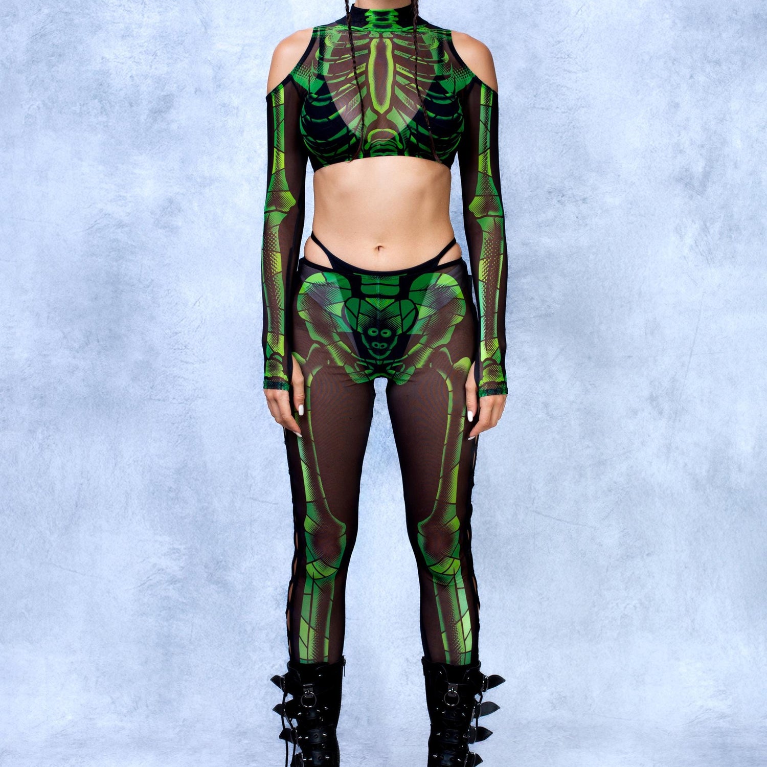 Halftone Skeleton Green Mesh Pants Black, Green