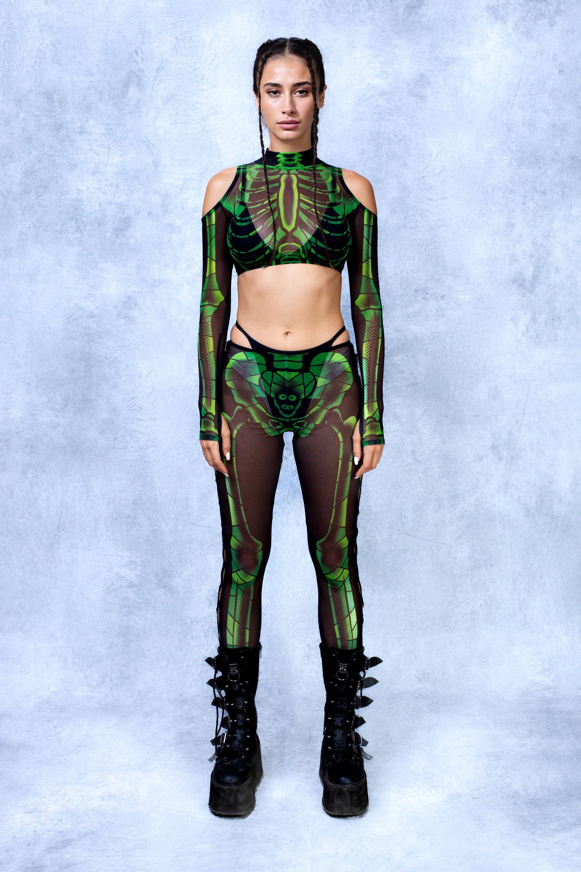 Halftone Skeleton Green Mesh Coldshoulder Set 2