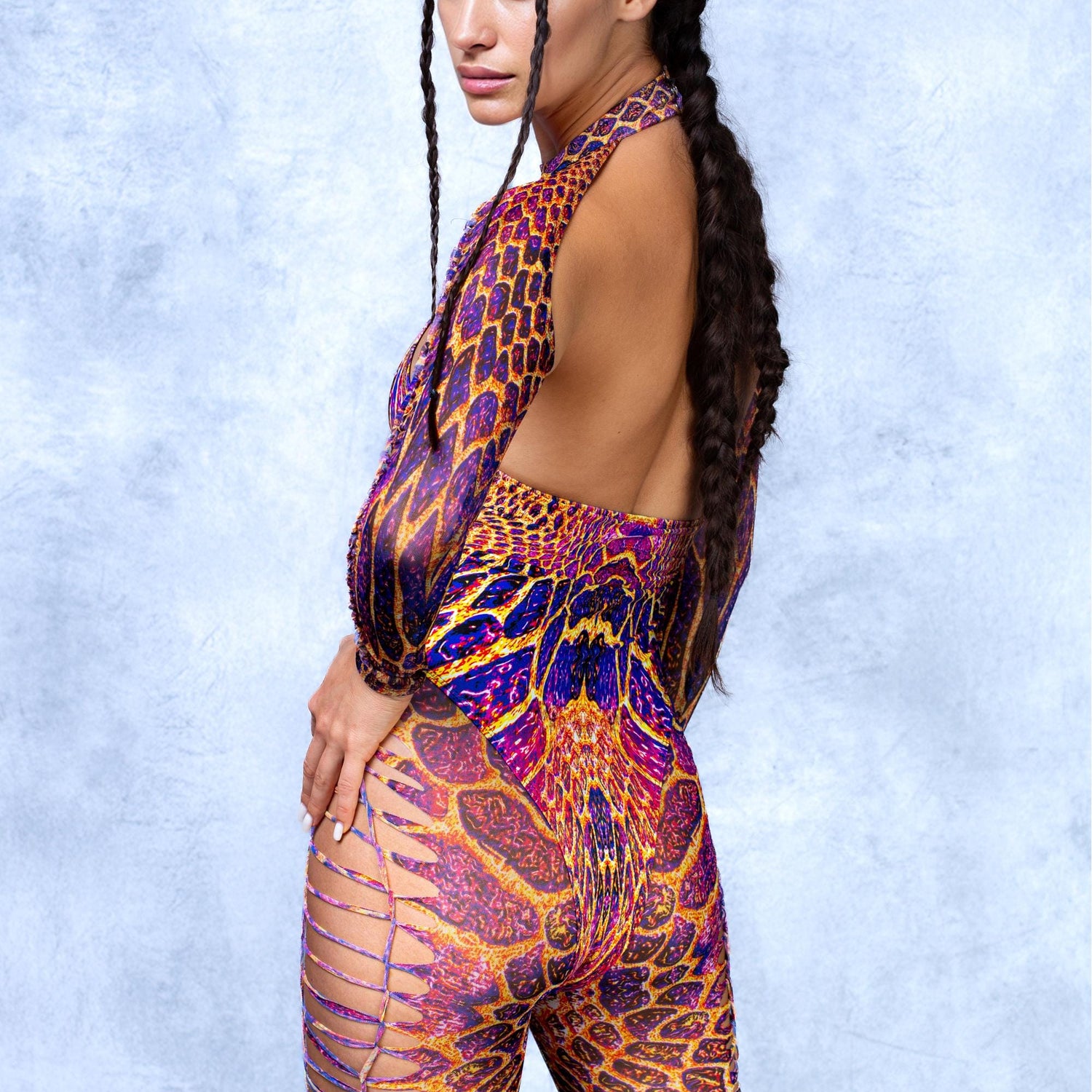 Rosy Viper Slit Weave Costume Lycra, Mesh