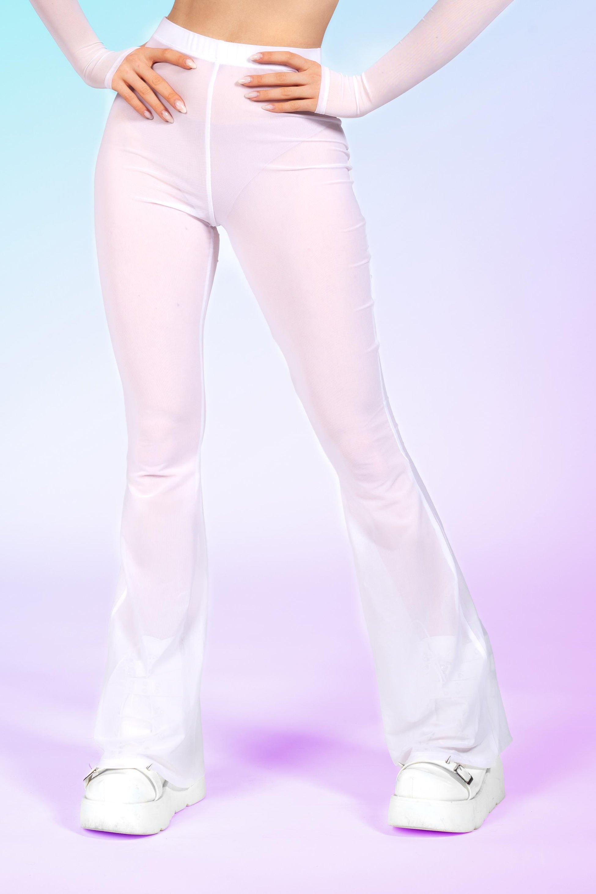 Just White Mesh Mesh Bell Bottom Pants 1