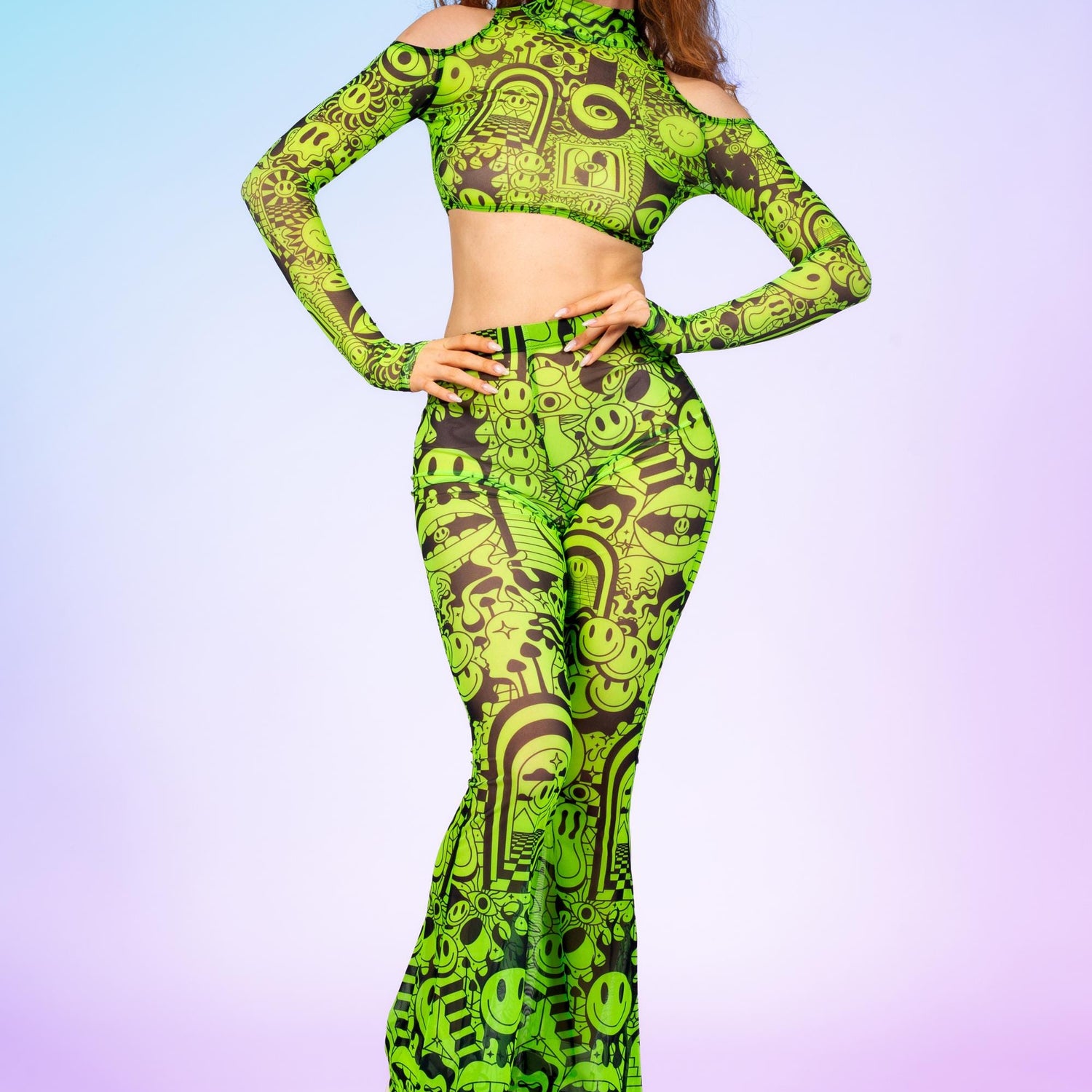 Women Funnytown Mesh Cold Shoulder Top