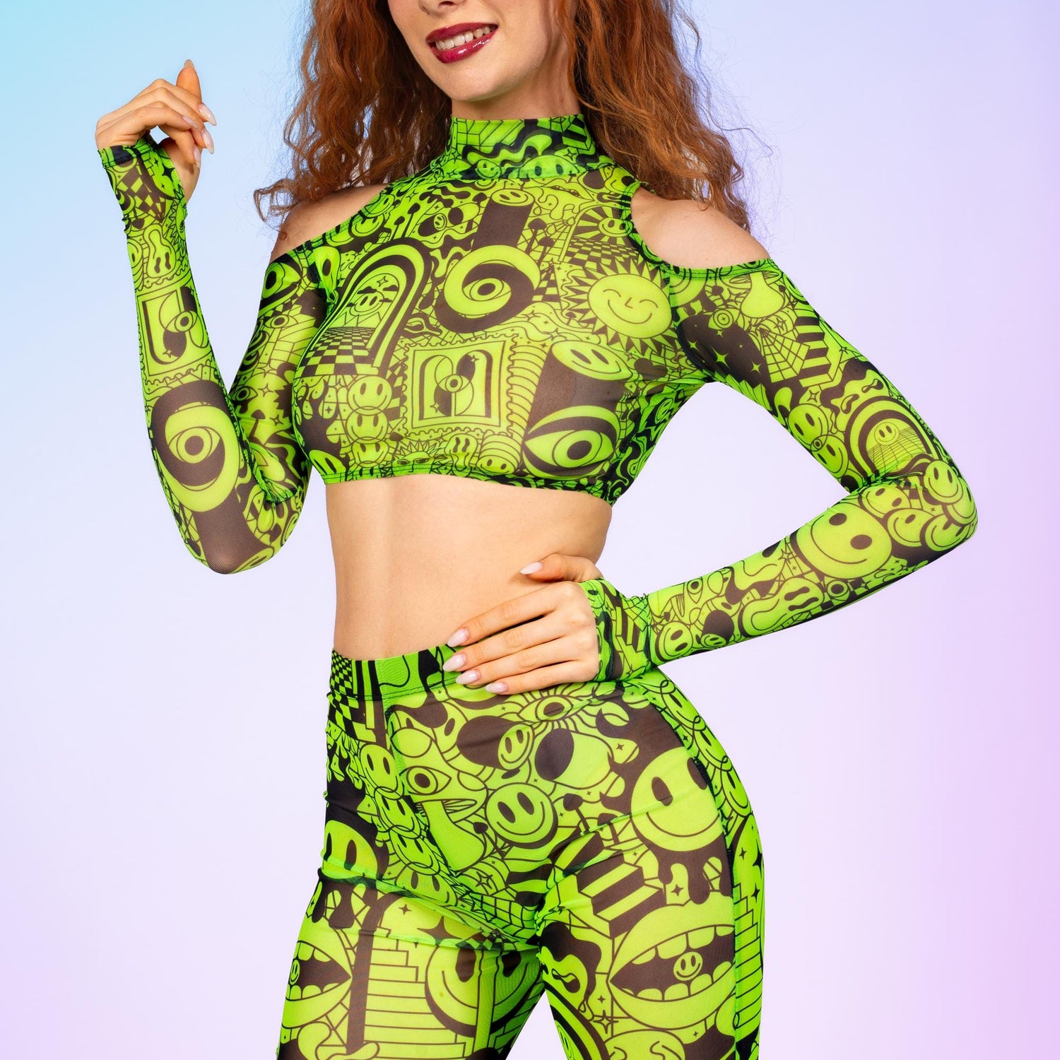 Funnytown Mesh Cold Shoulder Top Mesh, UV Reactive