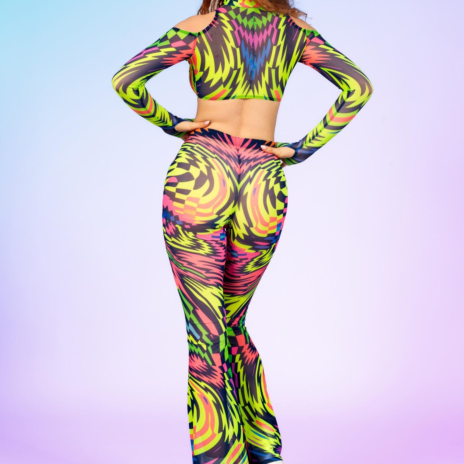 Women Building Blocks Mesh Bell Bottom Pants