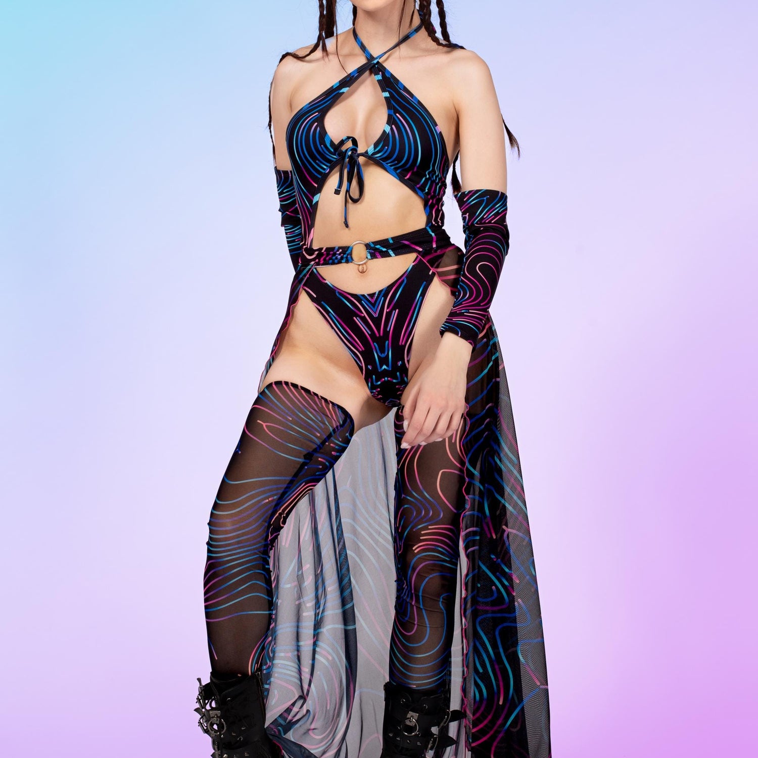 Disco Lines Open Front Skirt Lycra, Mesh
