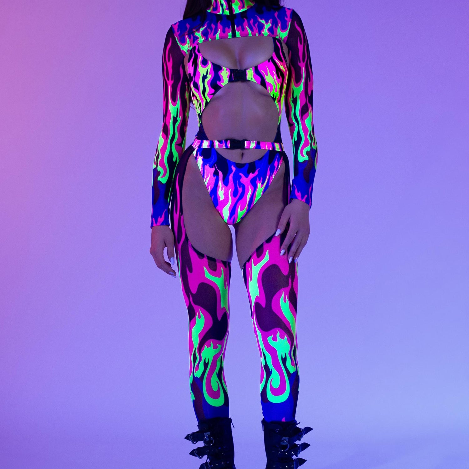 Fire Squad Buckle Bodysuit Purple, Yellow