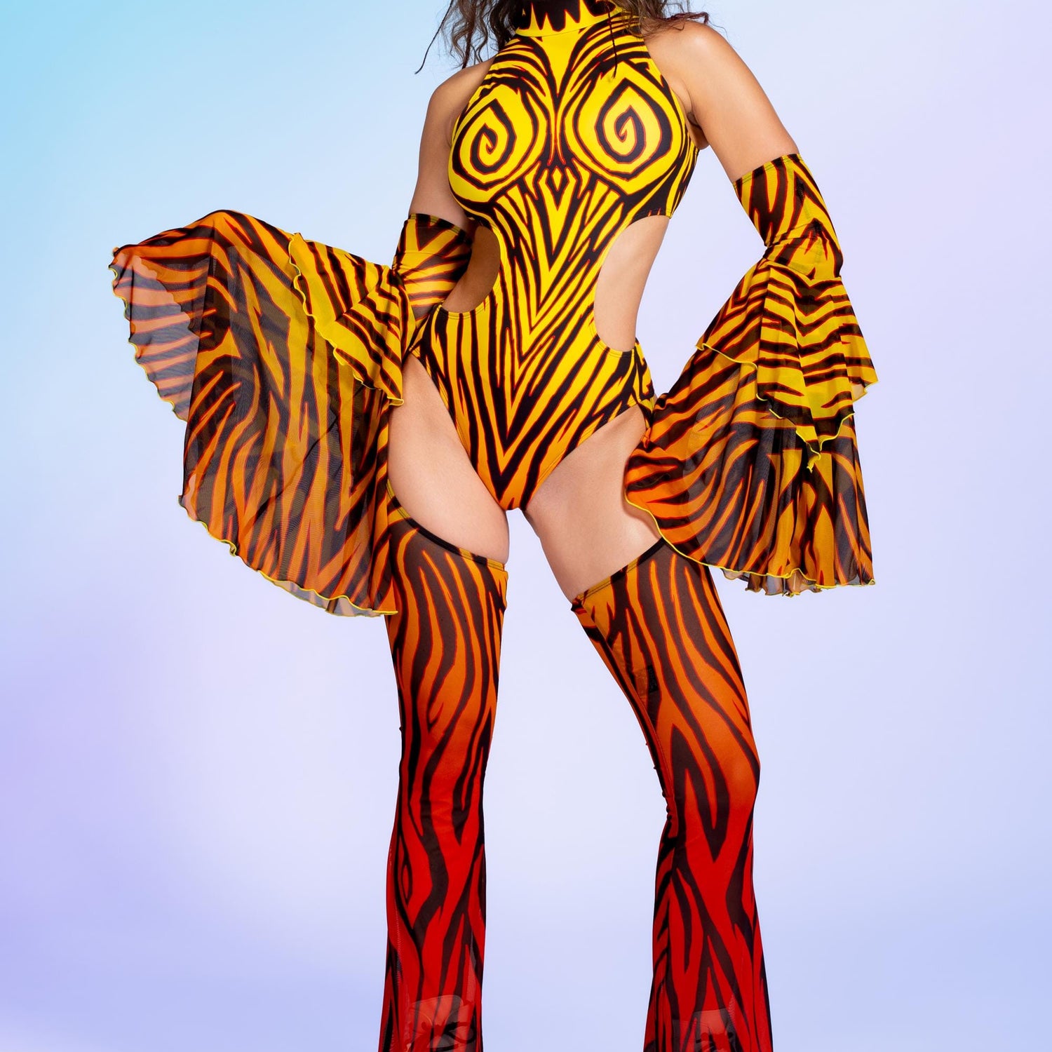 Soulfire Backless Chaps Bodysuit Orange, Yellow