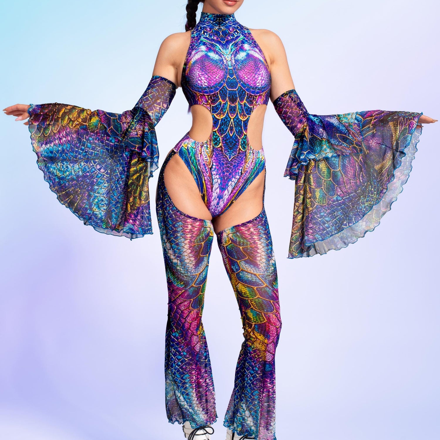 Scalebound Backless Chaps Bodysuit Blue, Purple