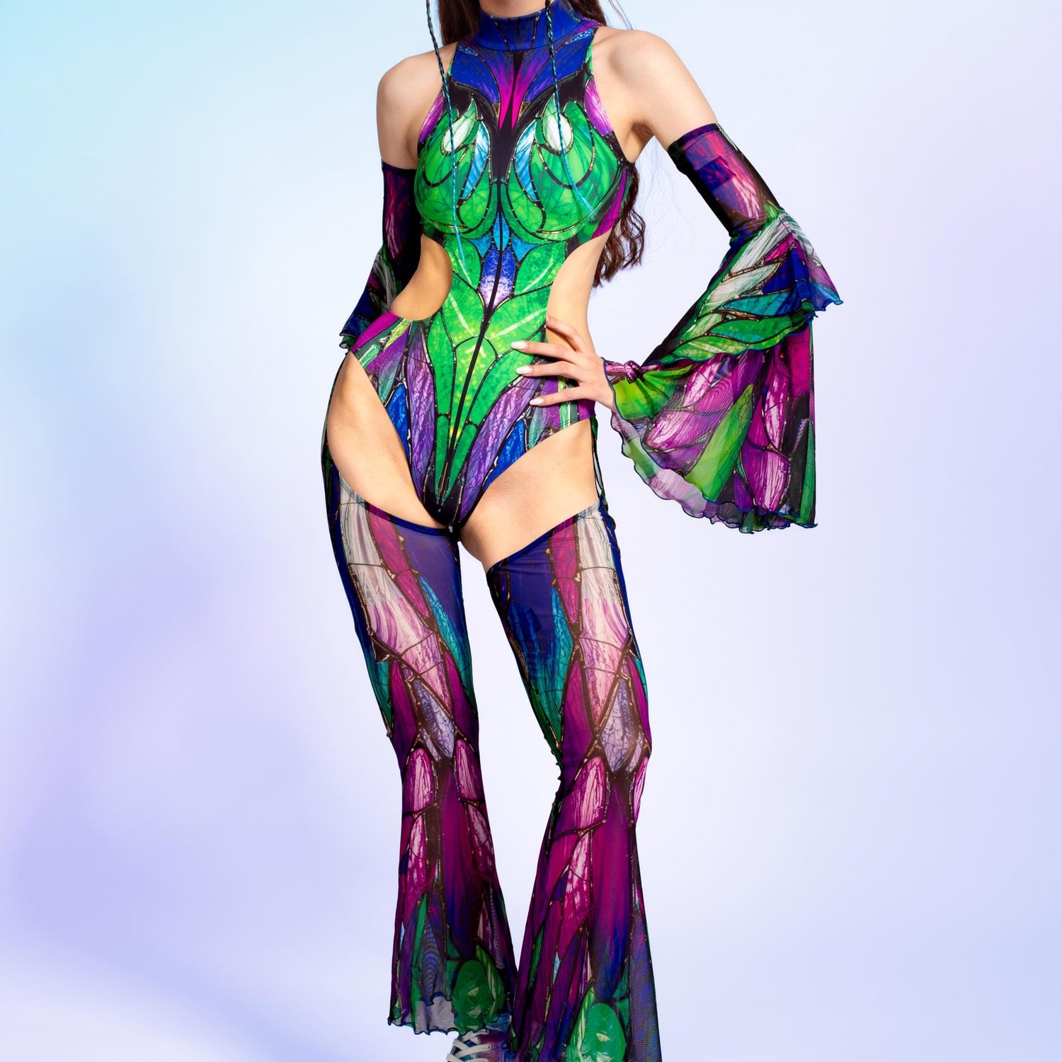 Lucky Charm Backless Chaps Bodysuit Green, Purple