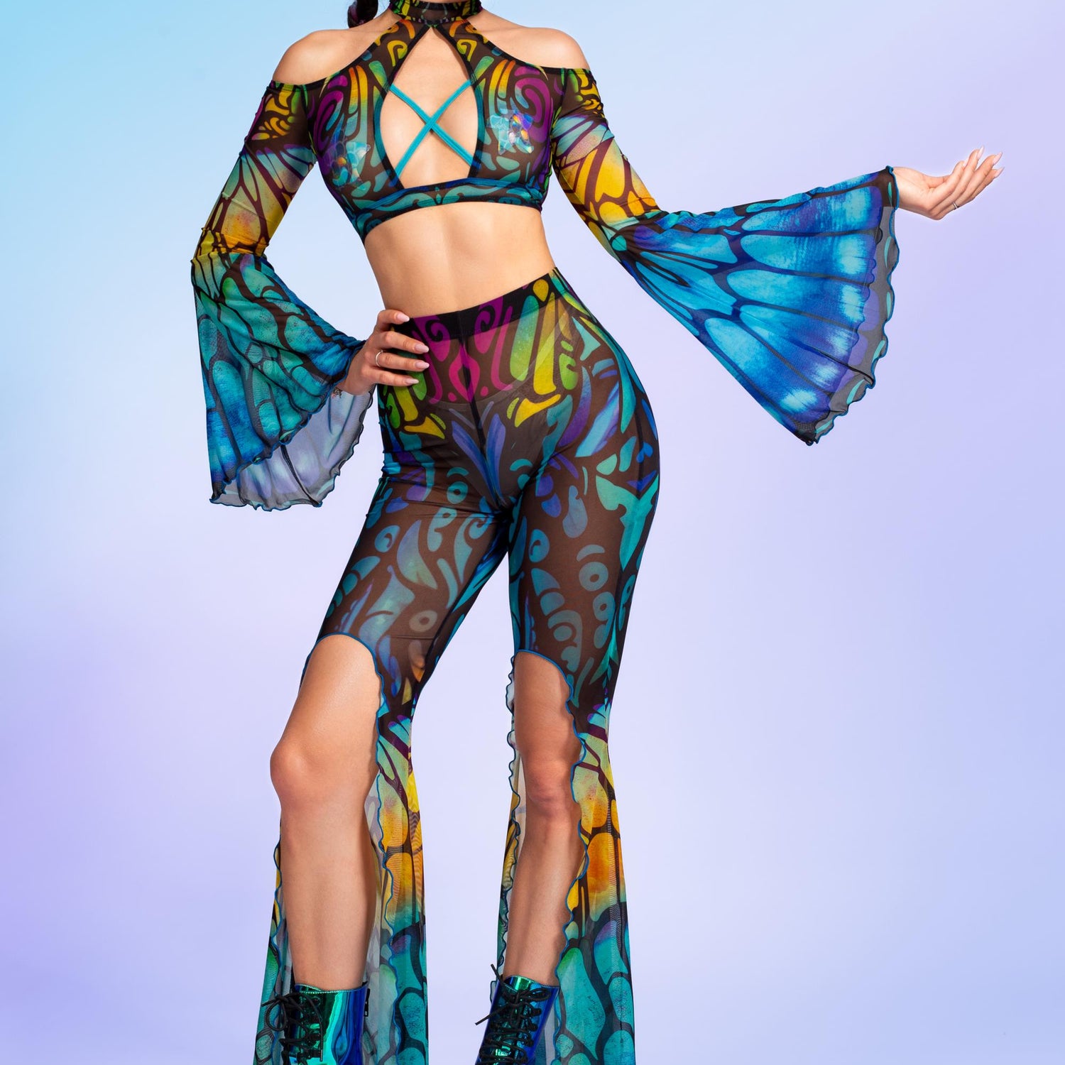 Sweet Fantasy Slit Flared Pants Mesh