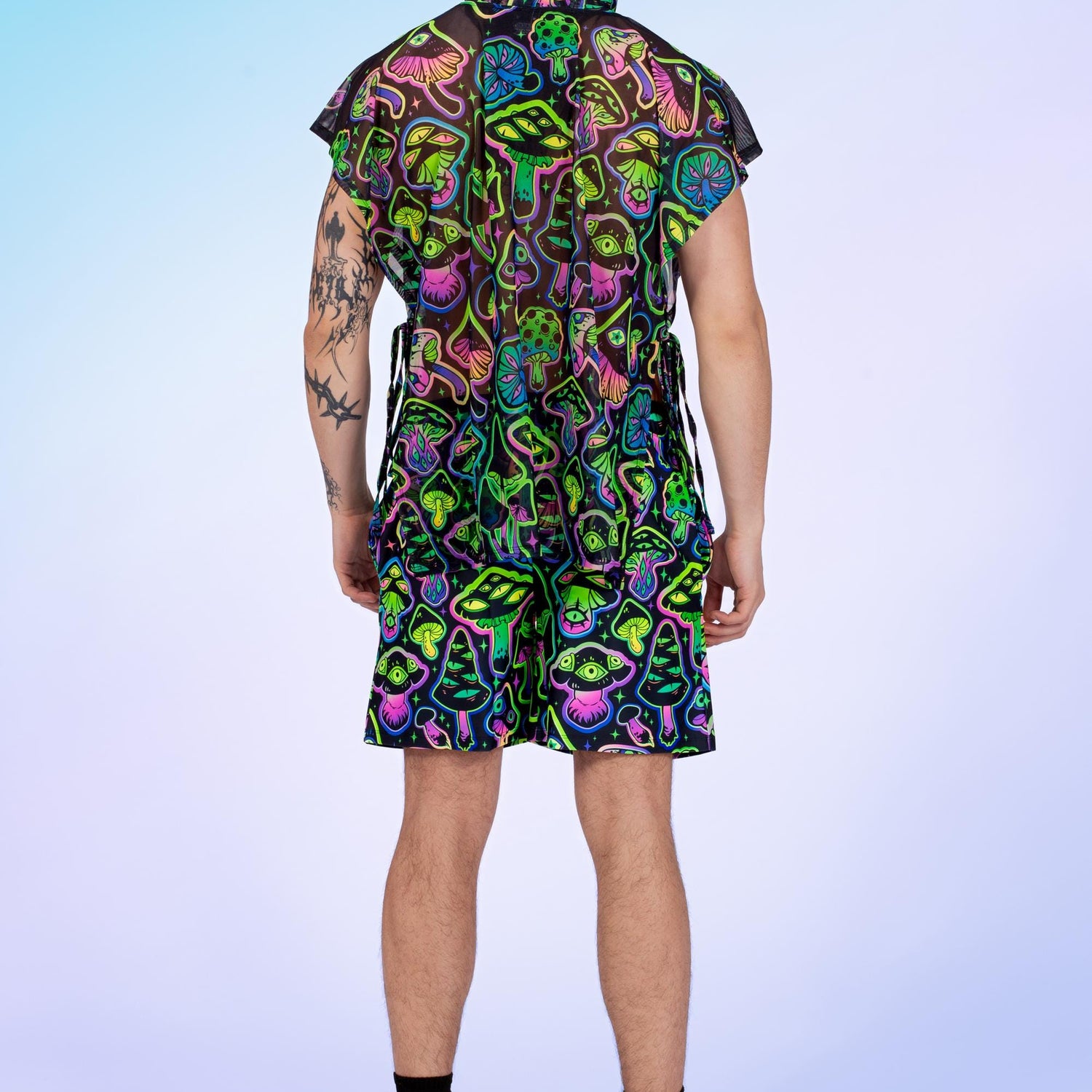 Shiitake Male Hooded Rave Set Lycra, Mesh, UV Reactive