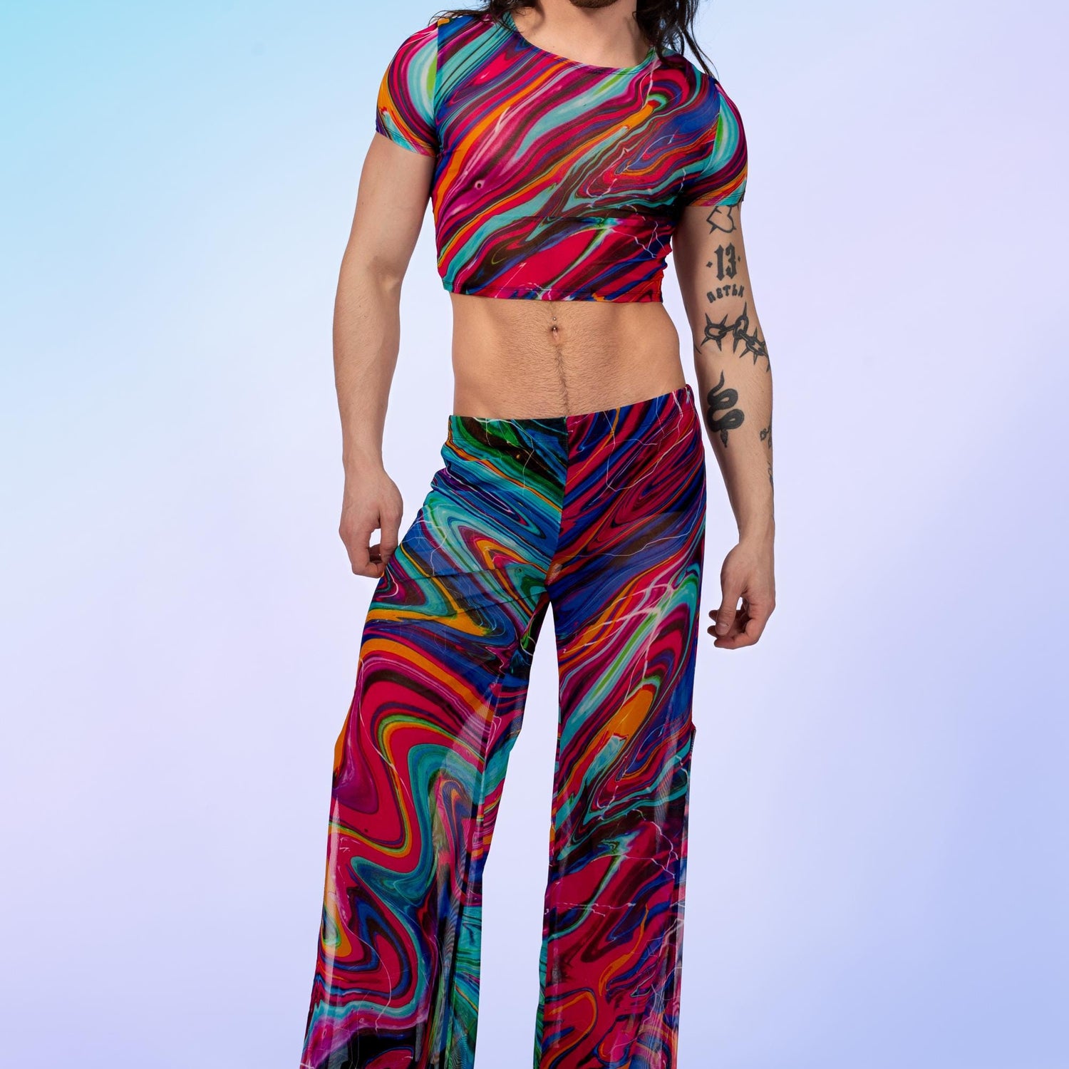 Men Vivid Vortex Mesh Male Split Pants