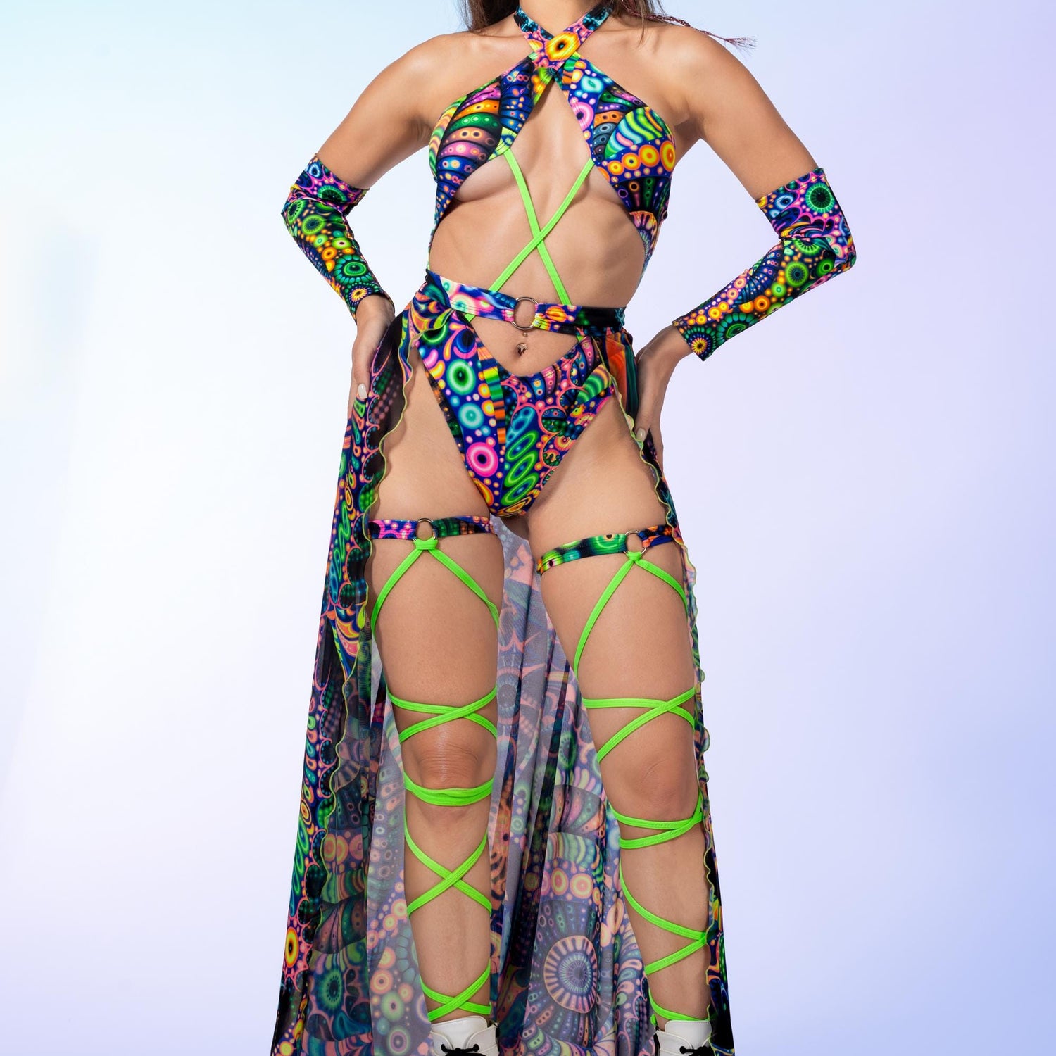 All Seeing Open Front Skirt Lycra, Mesh, UV Reactive