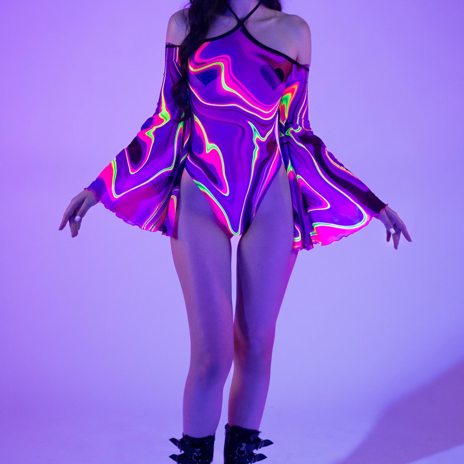 Magic Potion Mesh Flared Bodysuit Purple