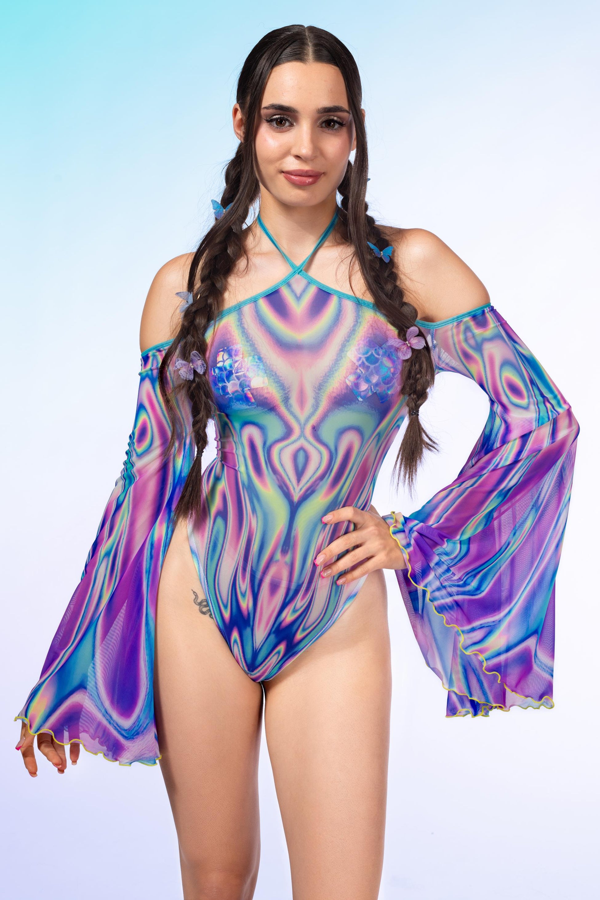 Elixir Sky Mesh Flared Bodysuit 1