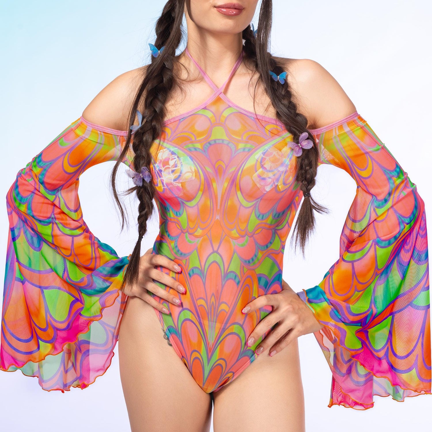 Flutterbell Mesh Flared Bodysuit Mesh, UV Reactive