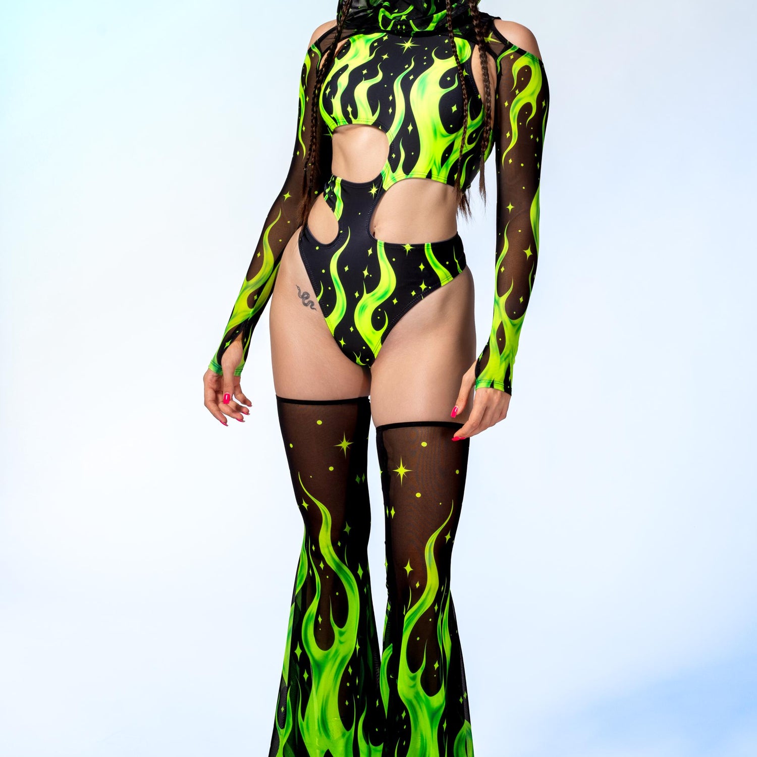 Acid Fire Asymmetrical Cutout Bodysuit Lycra, Mesh, UV Reactive