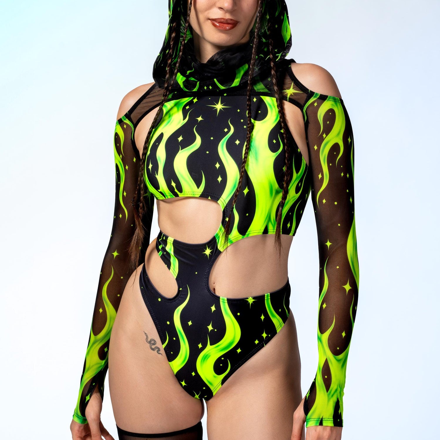 Acid Fire Asymmetrical Cutout Bodysuit Black, Green